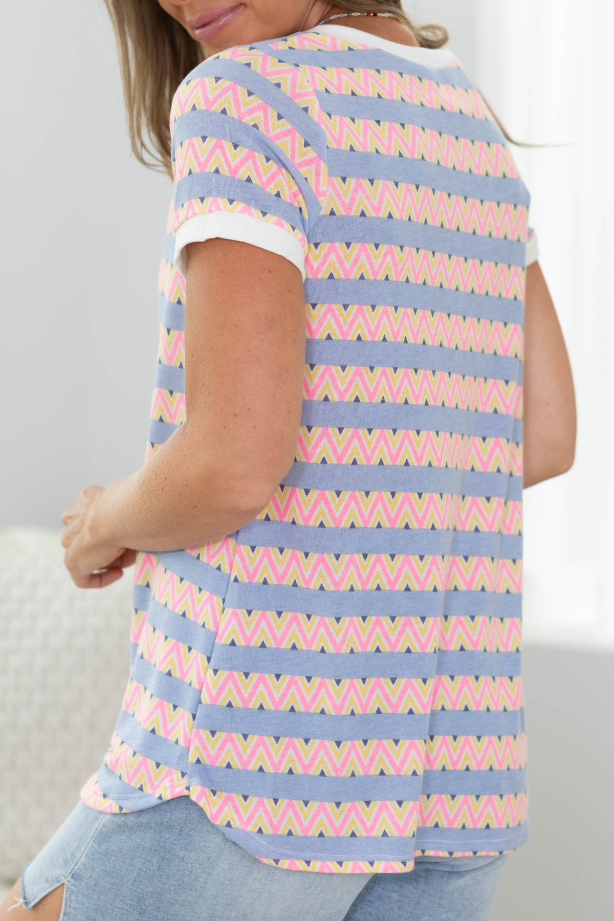 Blue and Pink Short Sleeve Top with Contrast Rib Detail
