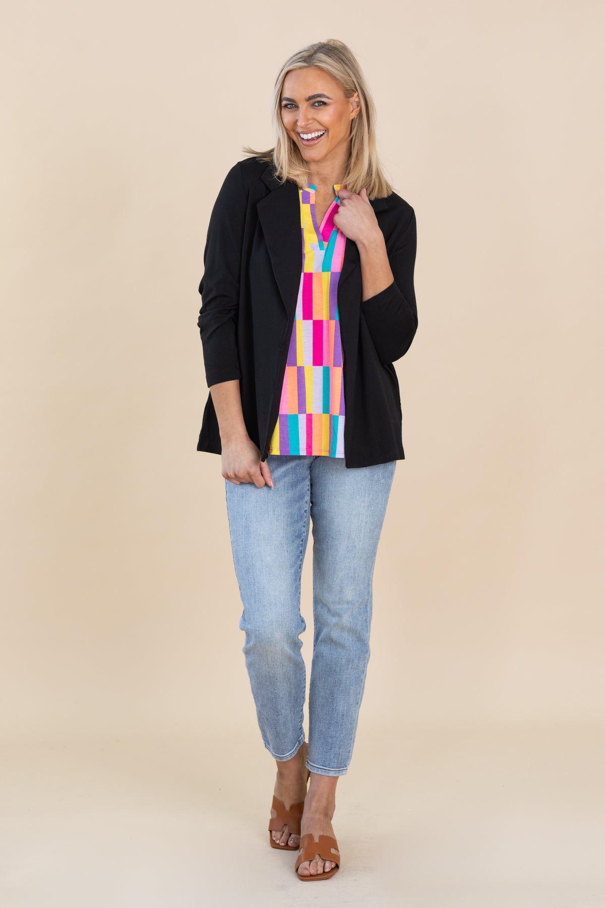 Multicolor Checker V-Neck Wrinkle Free Top
