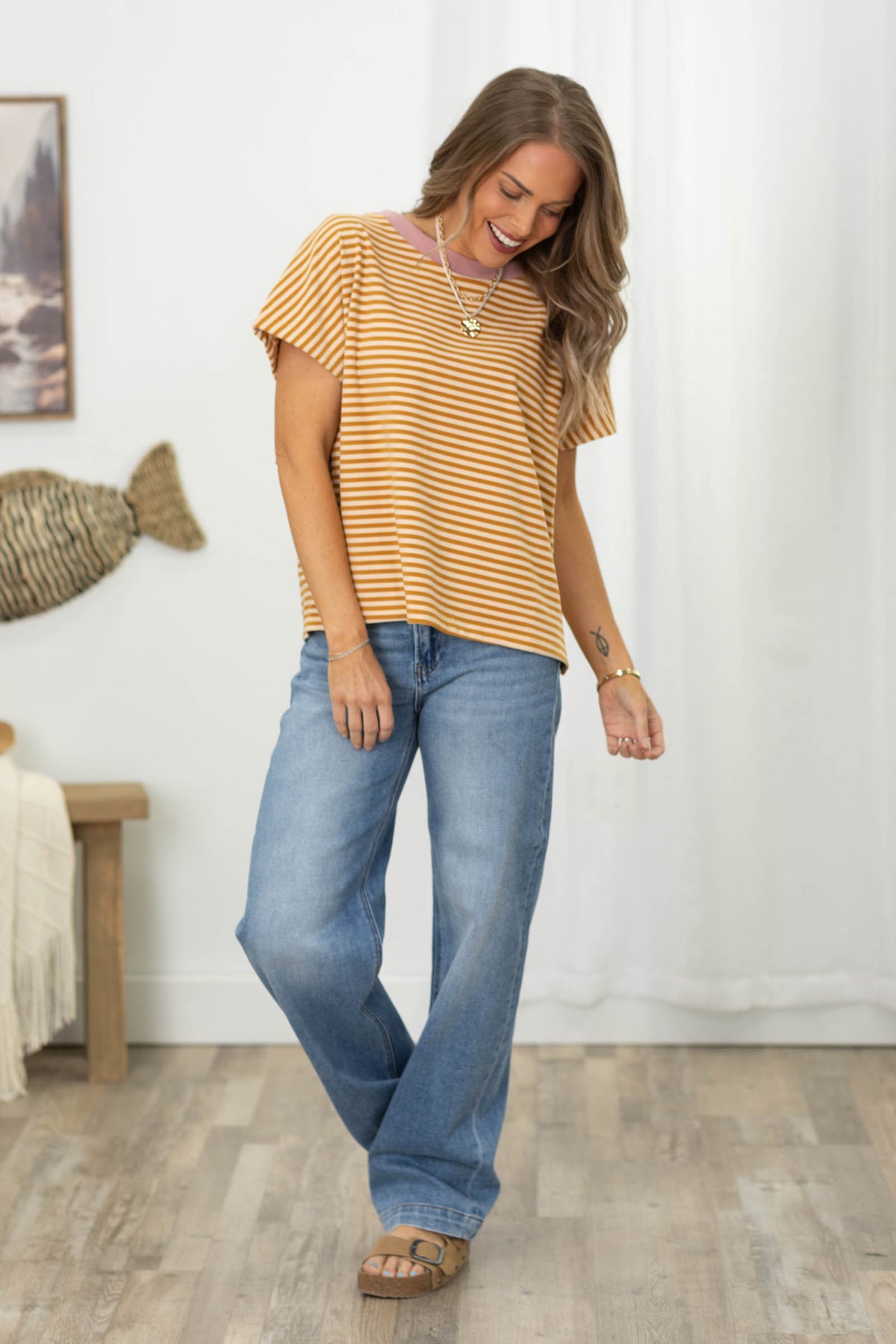 Stripe Soft Brushed Knit Dolman Sleeve Tops