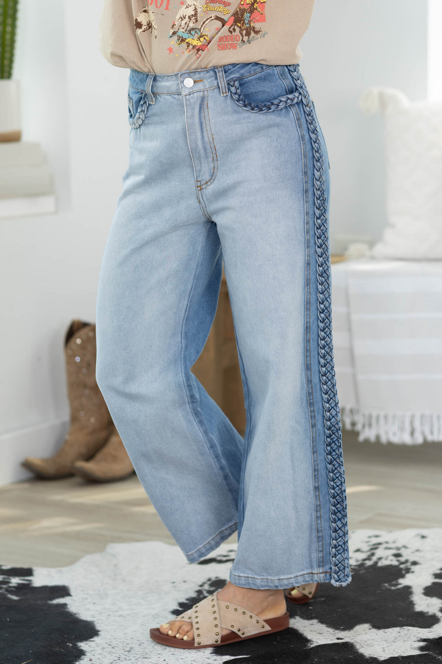 Vintage Washed Straight Jean With Side Braids