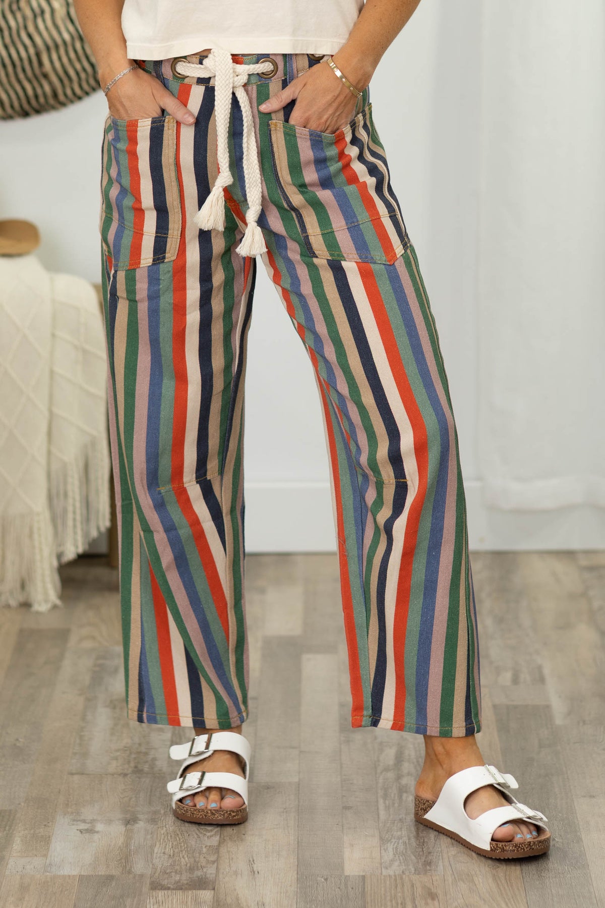 Washed Multicolor Stripe Rope String Pants