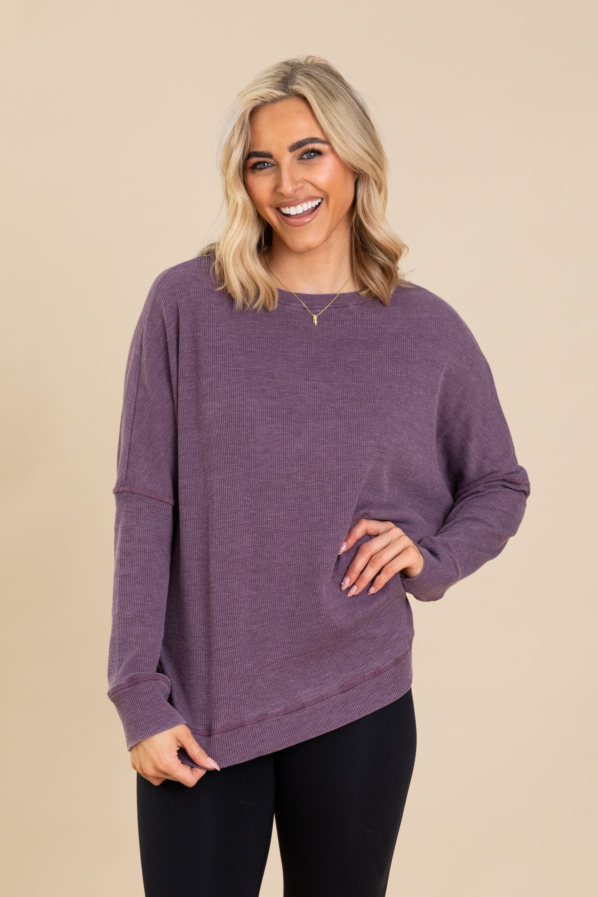 Waffle Ribbed Roundneck Knit Pullover