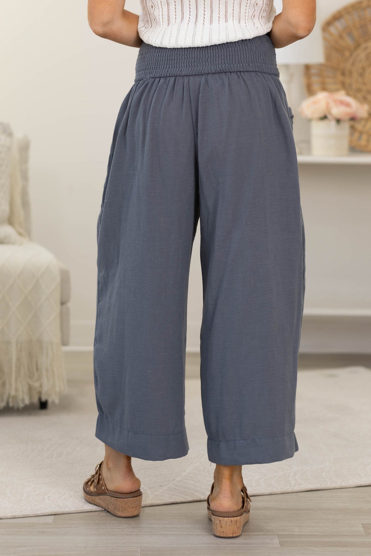 Wide Leg Cropped Pants With Smocking