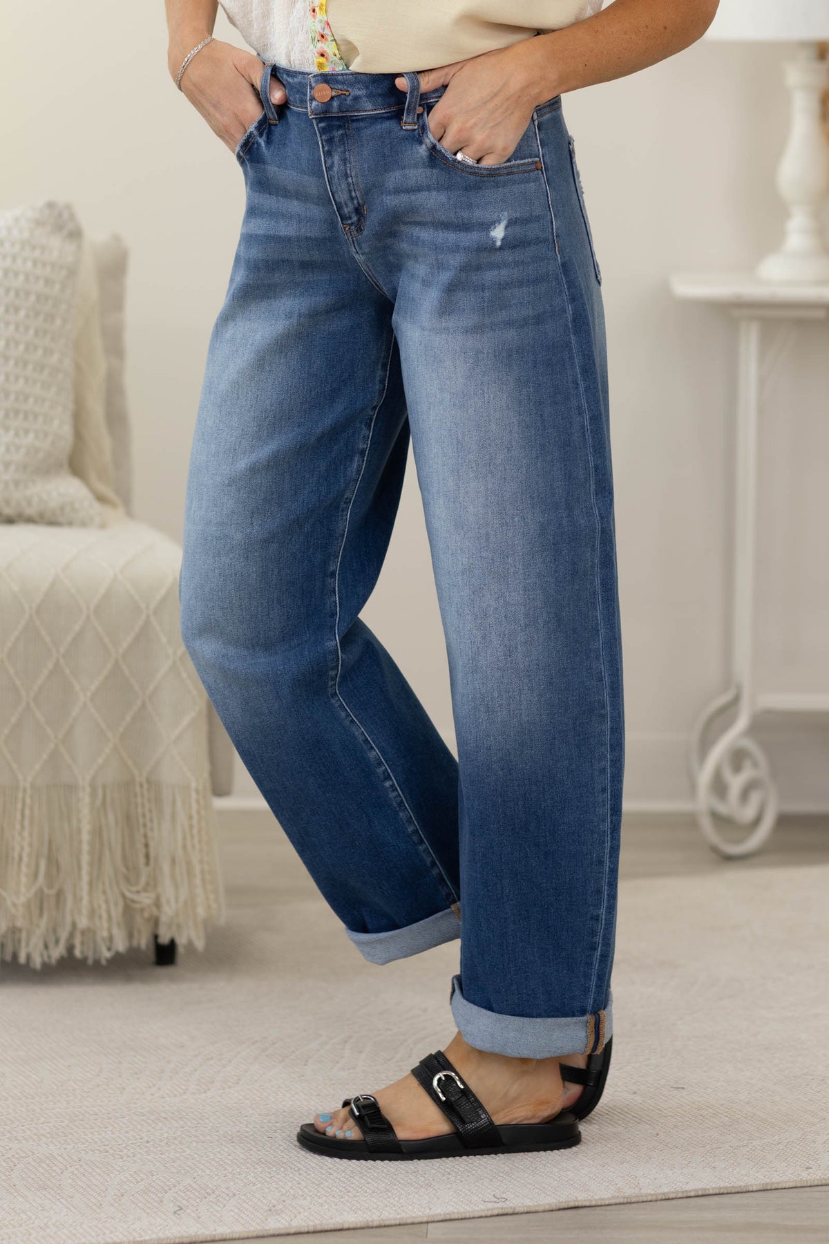 Risen Mid Rise Barrel Double Roll Up Jeans