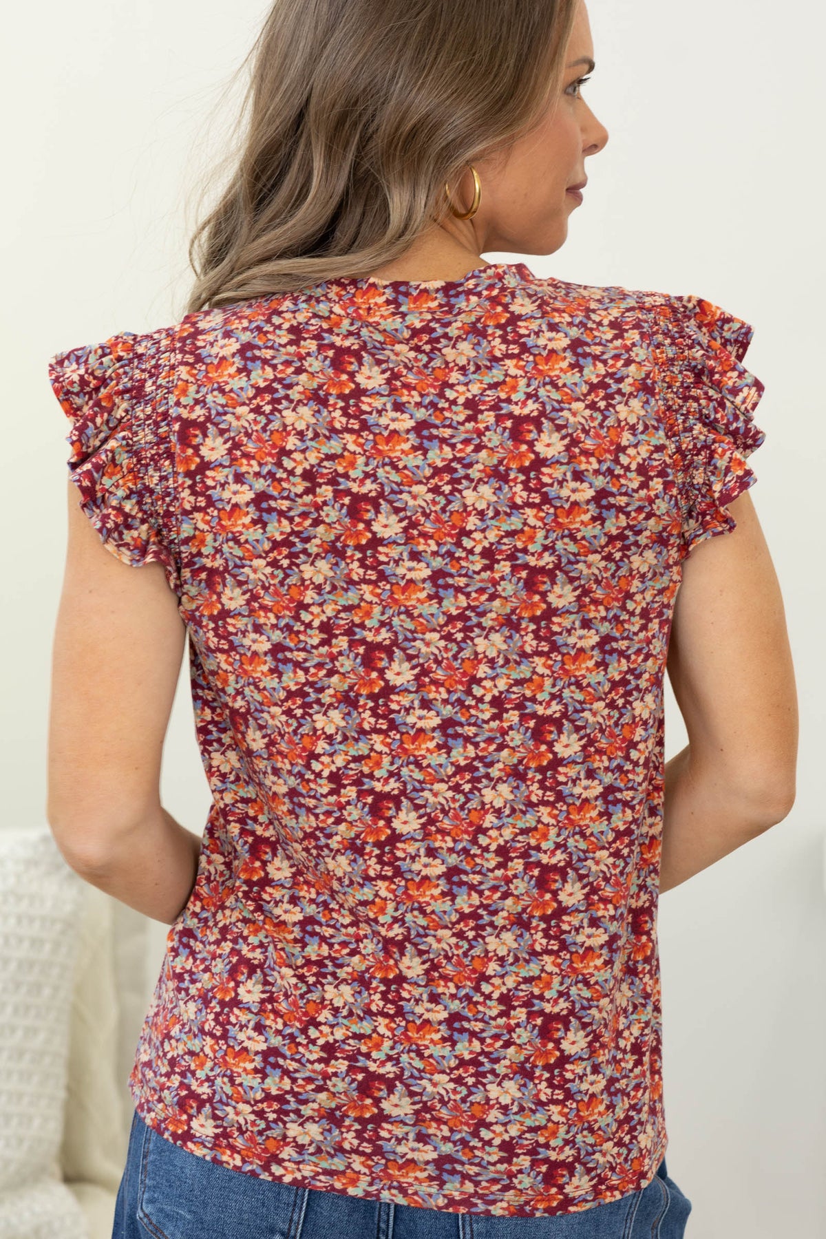 Floral Printed Flutter Sleeve Knit Tops