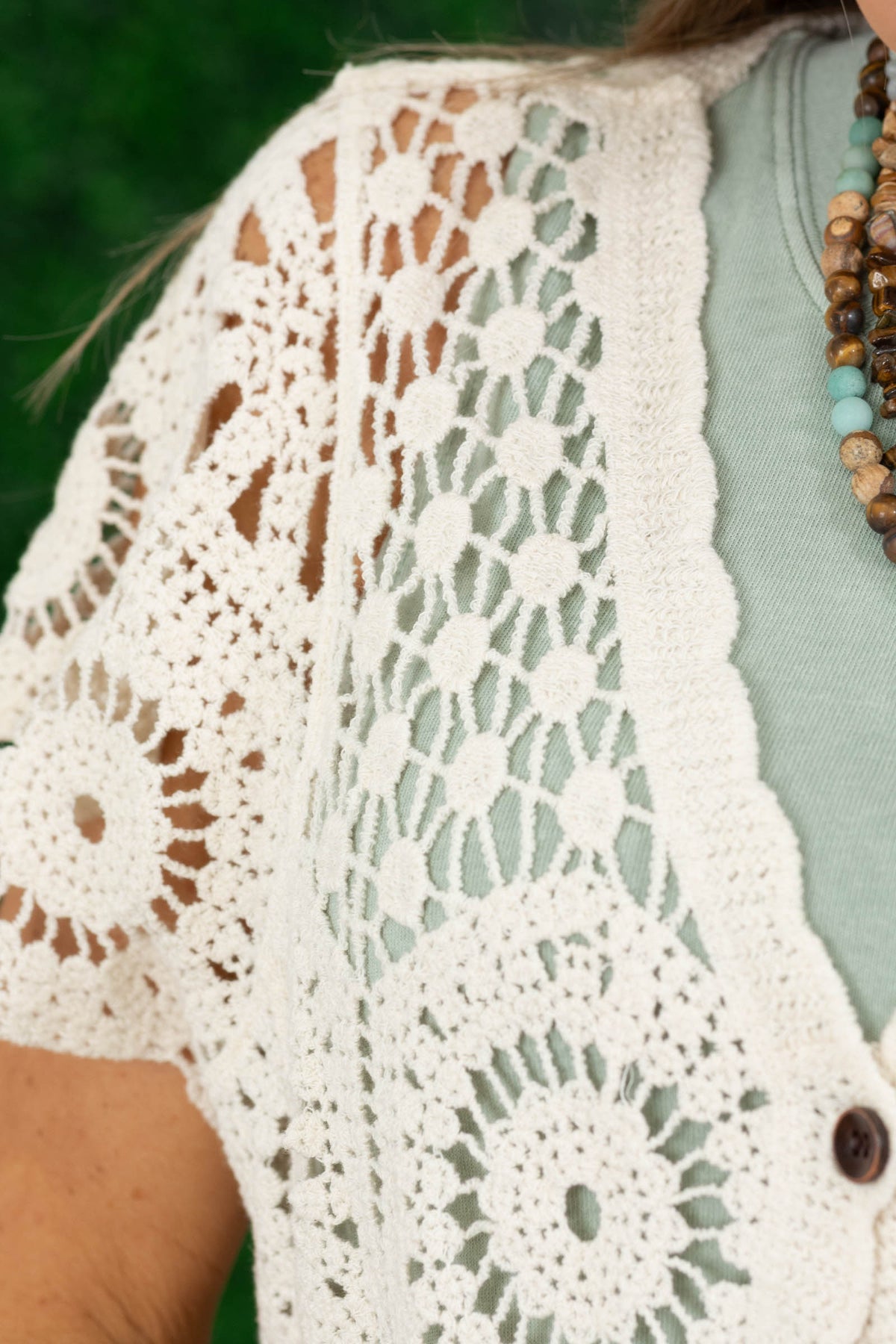 Natural Open Knit Floral Crochet Cardigan Top