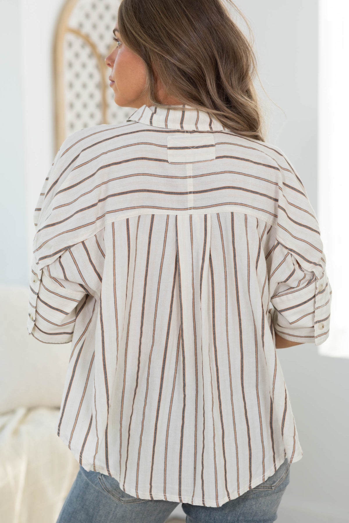 Cotierra Beige And Stripe Cotton Shirt