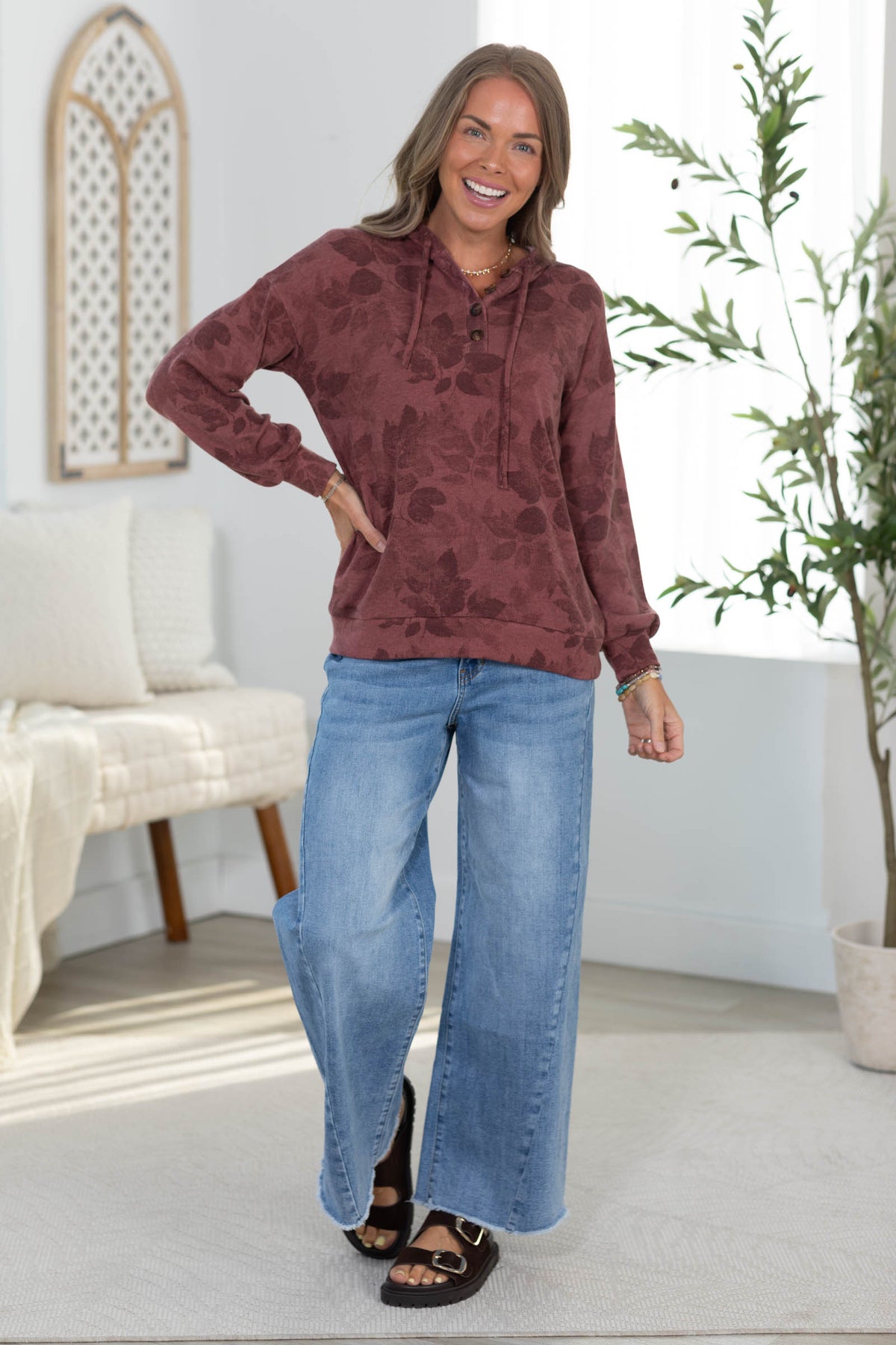Staccato Half Button Floral Drawstring Hoodie Top