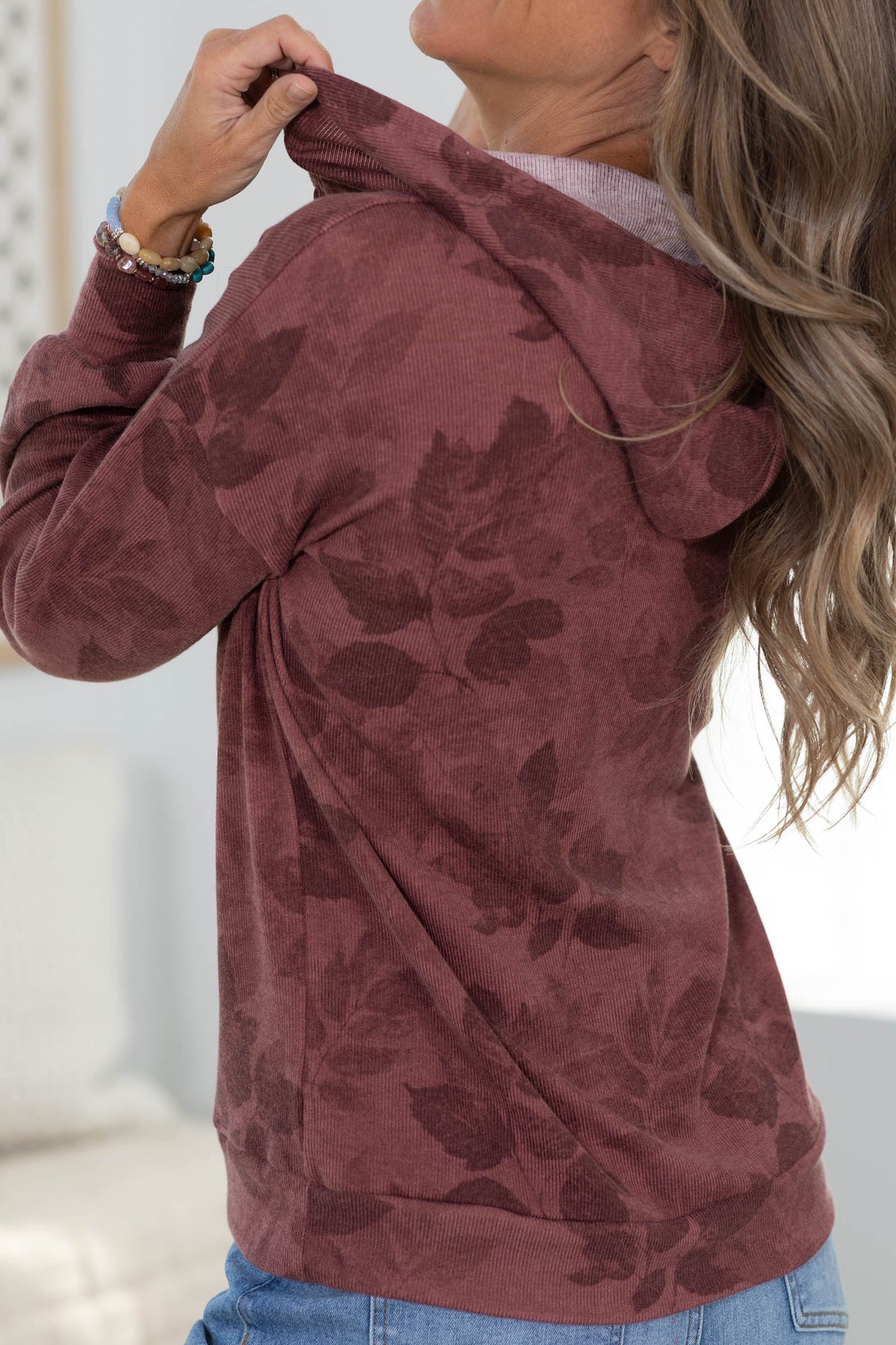 Staccato Half Button Floral Drawstring Hoodie Top