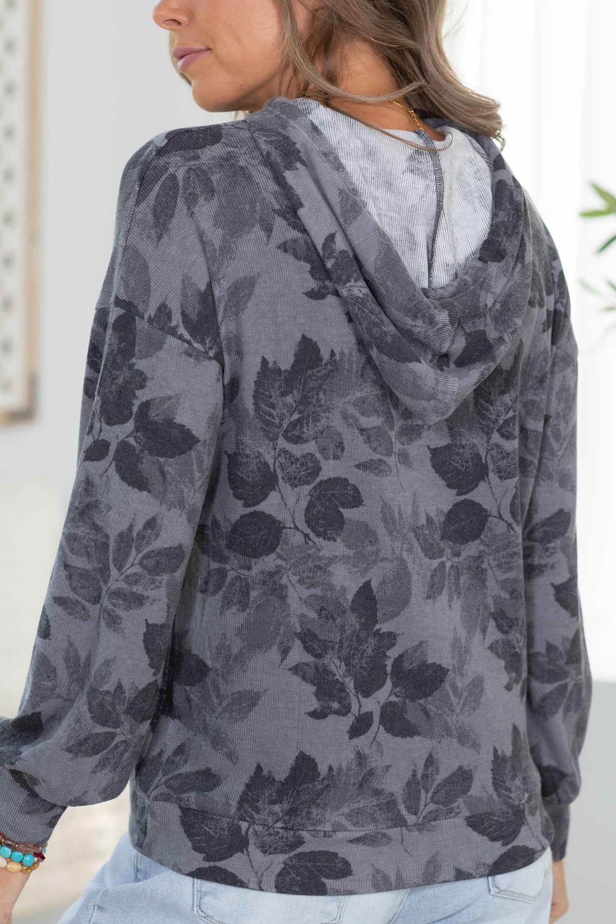 Staccato Half Button Floral Drawstring Hoodie Top
