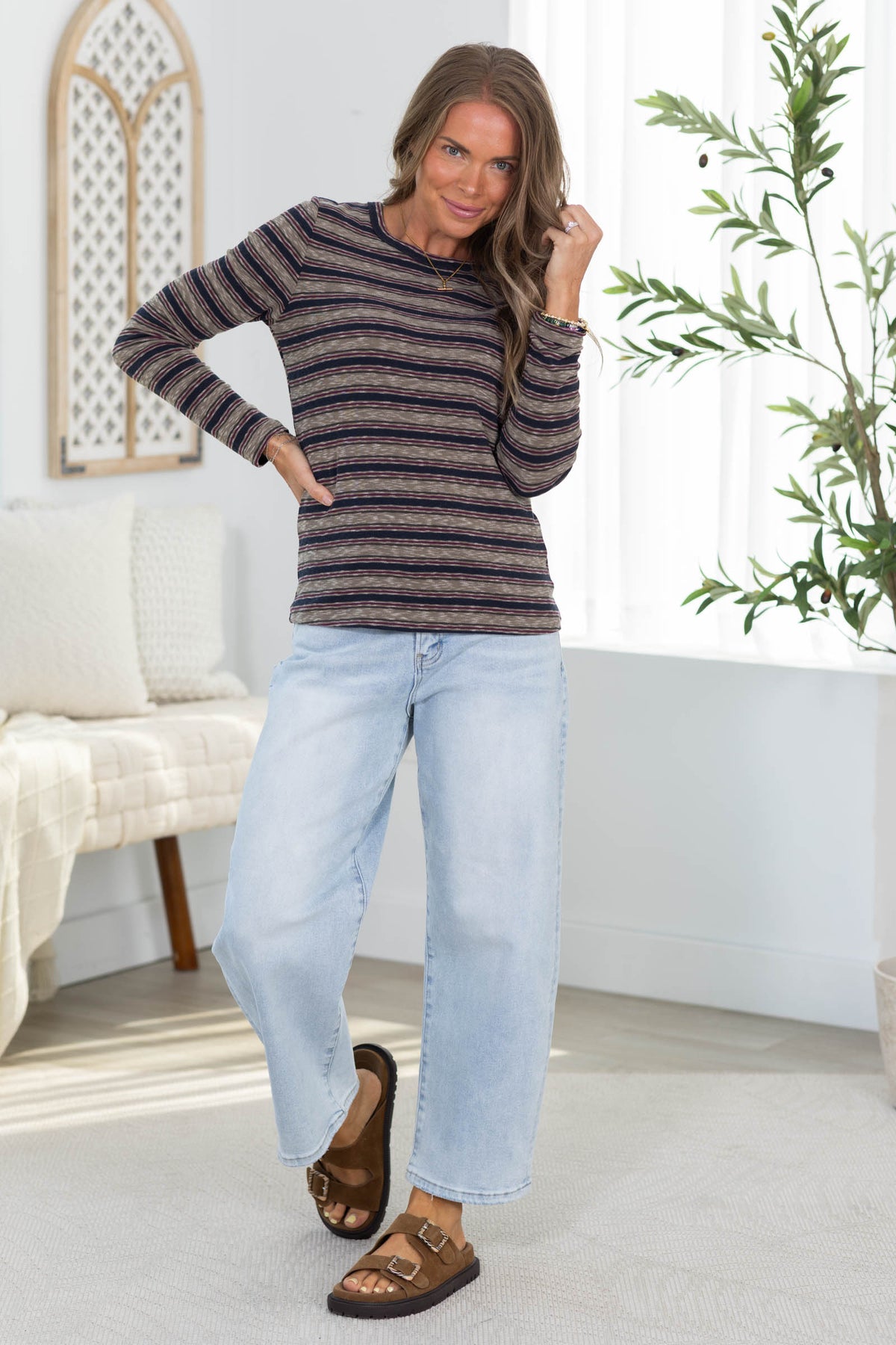 Staccato Multicolor Striped Soft Micro Rib Long Sleeve Knit Top