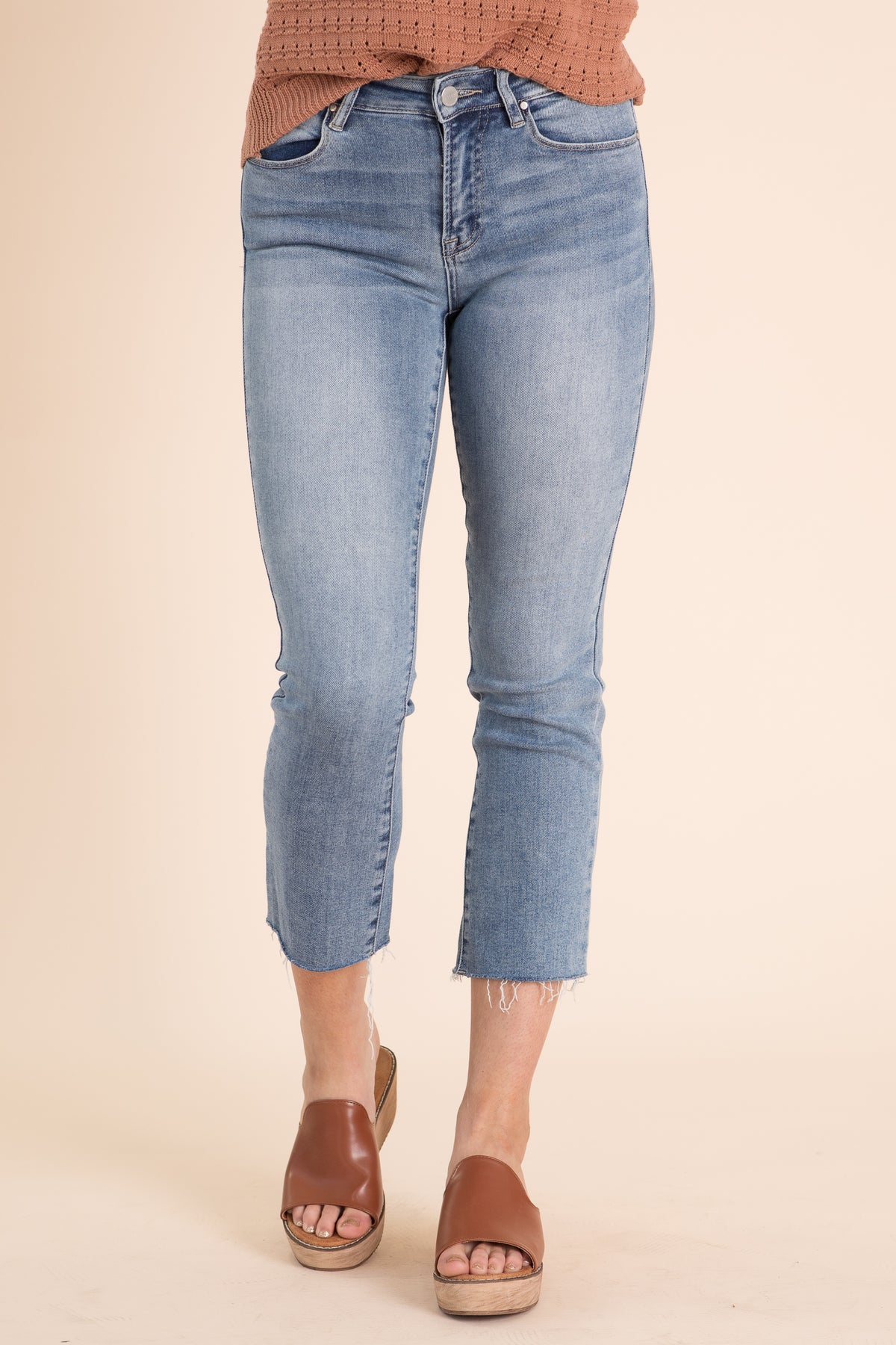 Risen Mid Rise Raw Hem Straight Leg Jeans