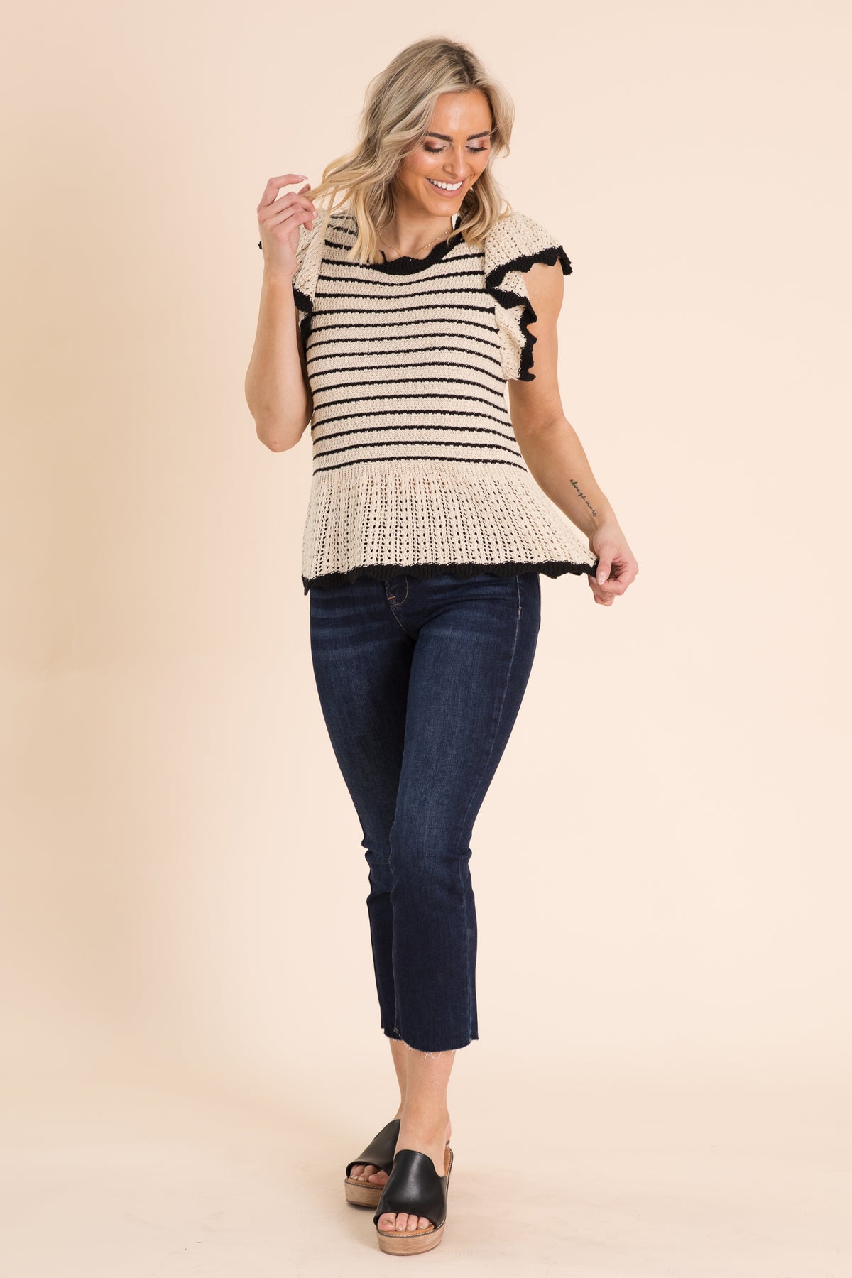 Beige Striped Ruffle Sleeve Knit Sweater Top