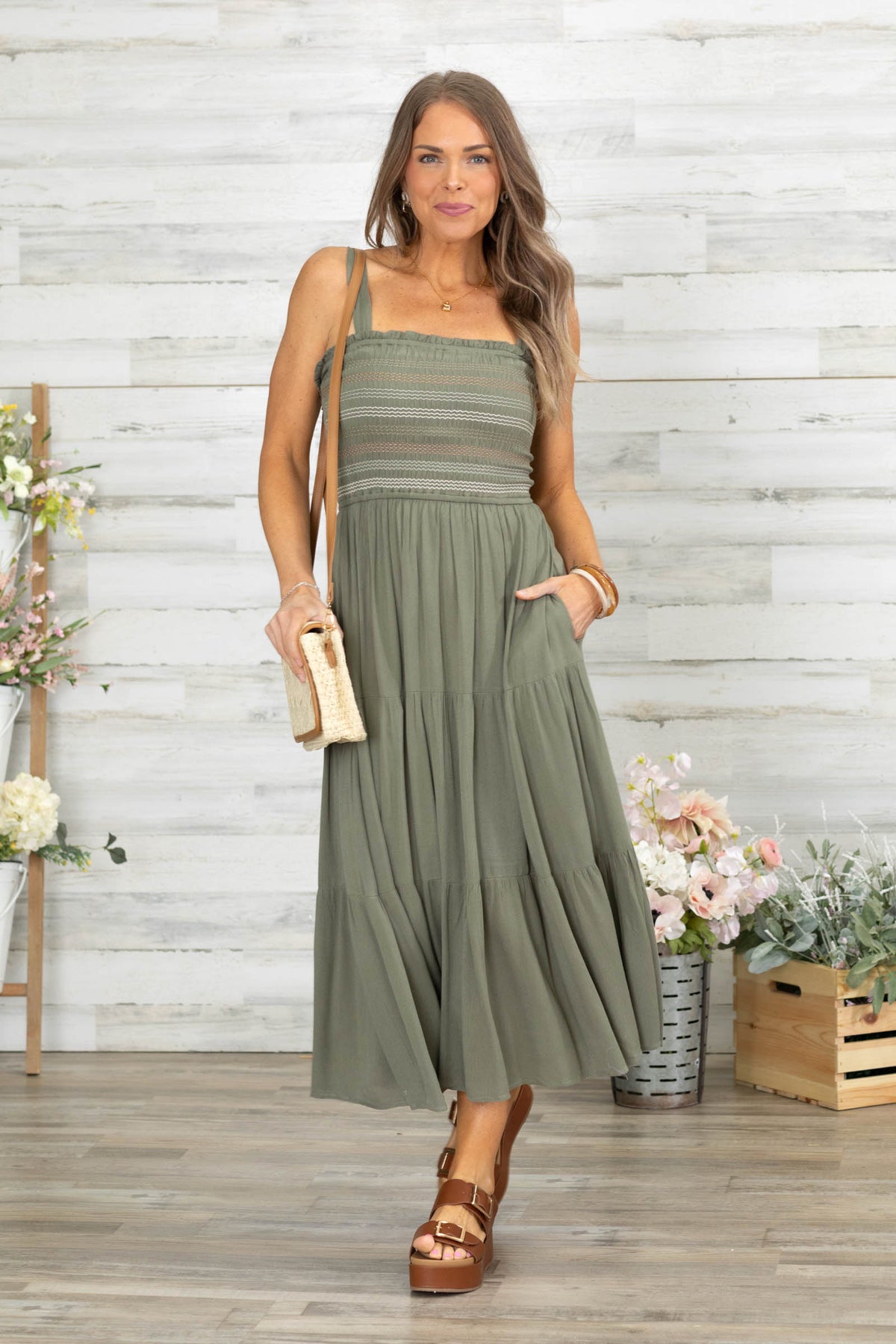 Olive Smocked Tier Midi Dress
