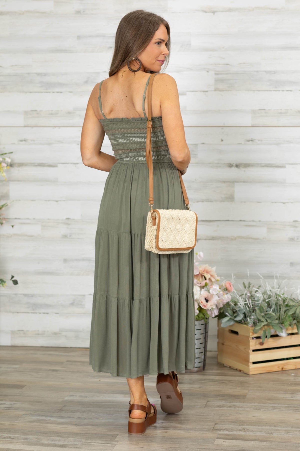 Olive Smocked Tier Midi Dress
