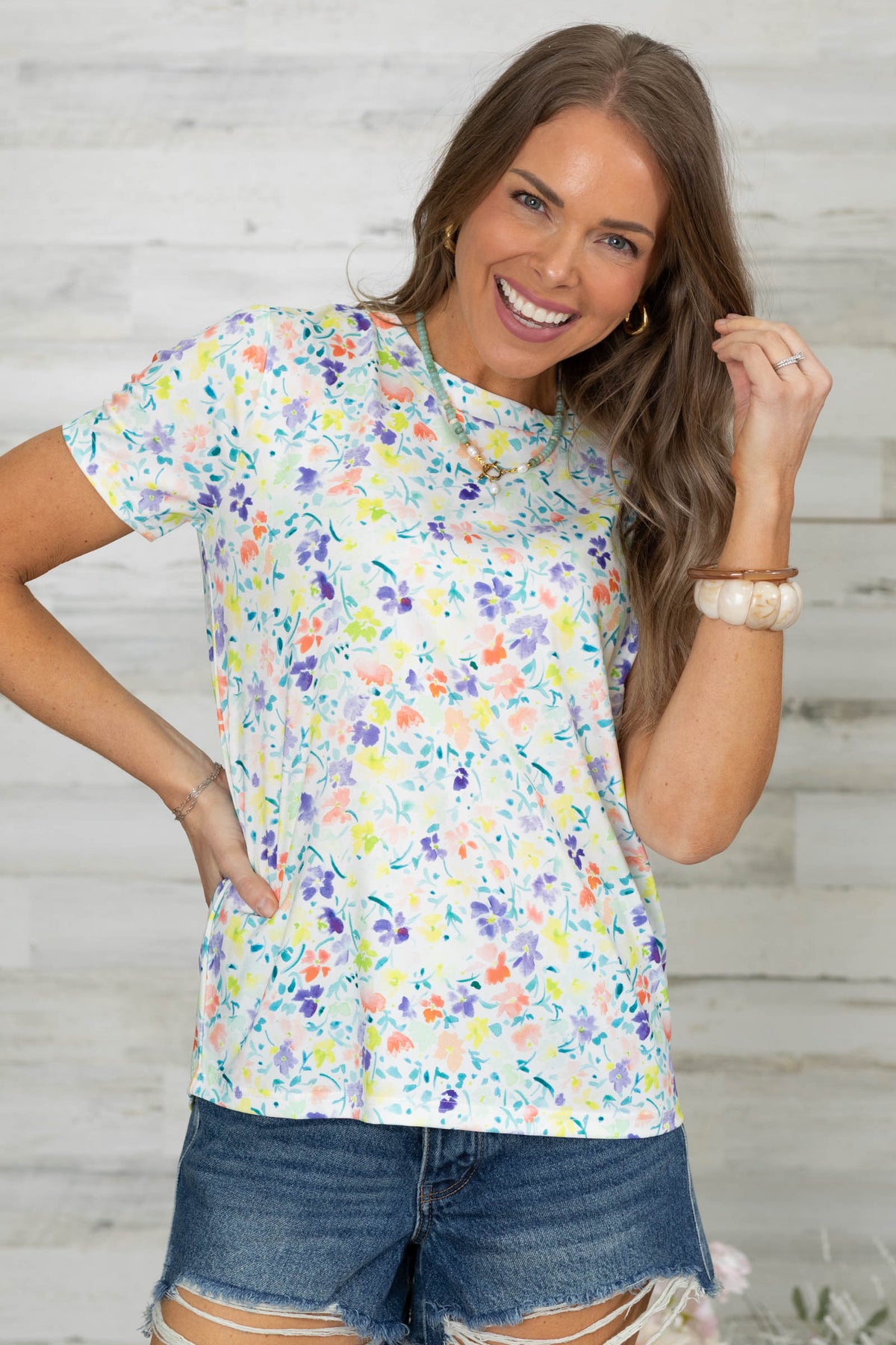 Basic Floral Printed Short Sleeve Knit Top