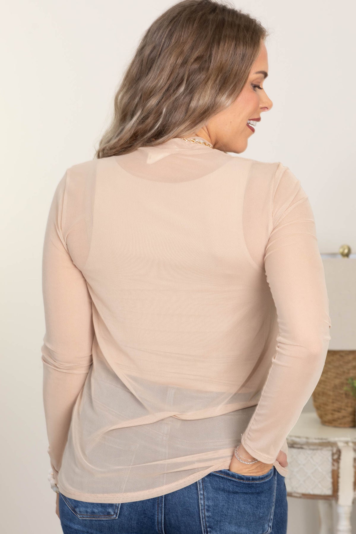 Solid Mock Neck Long Sleeve Mesh Knit Tops