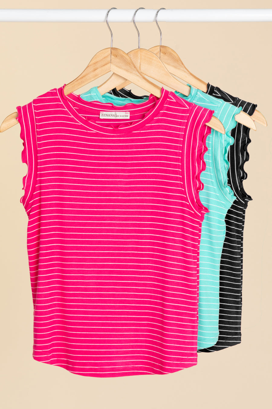 Ribbed Ruffle Trim Sleeveless Stripe Knit Top