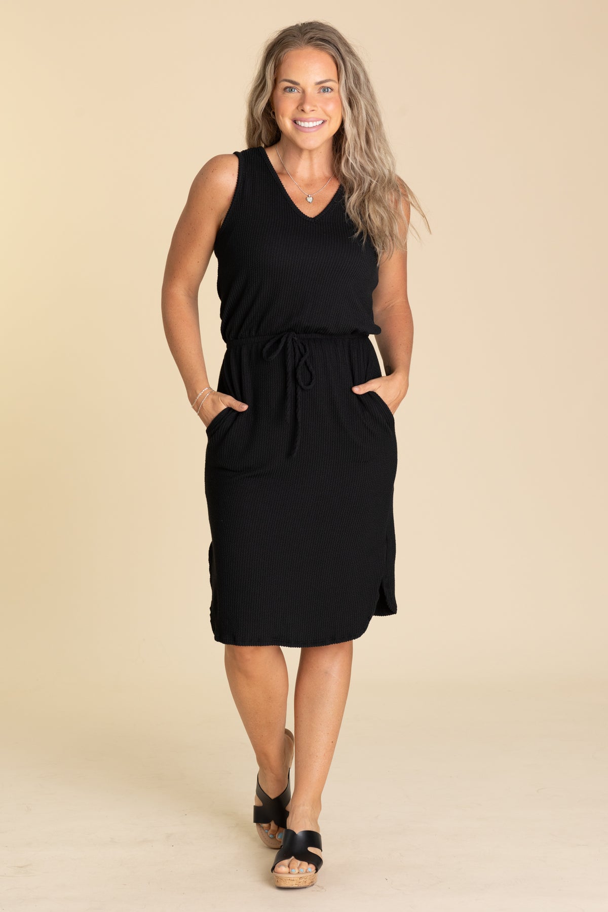Ribbed Sleeveless Cinched Waist Dresses