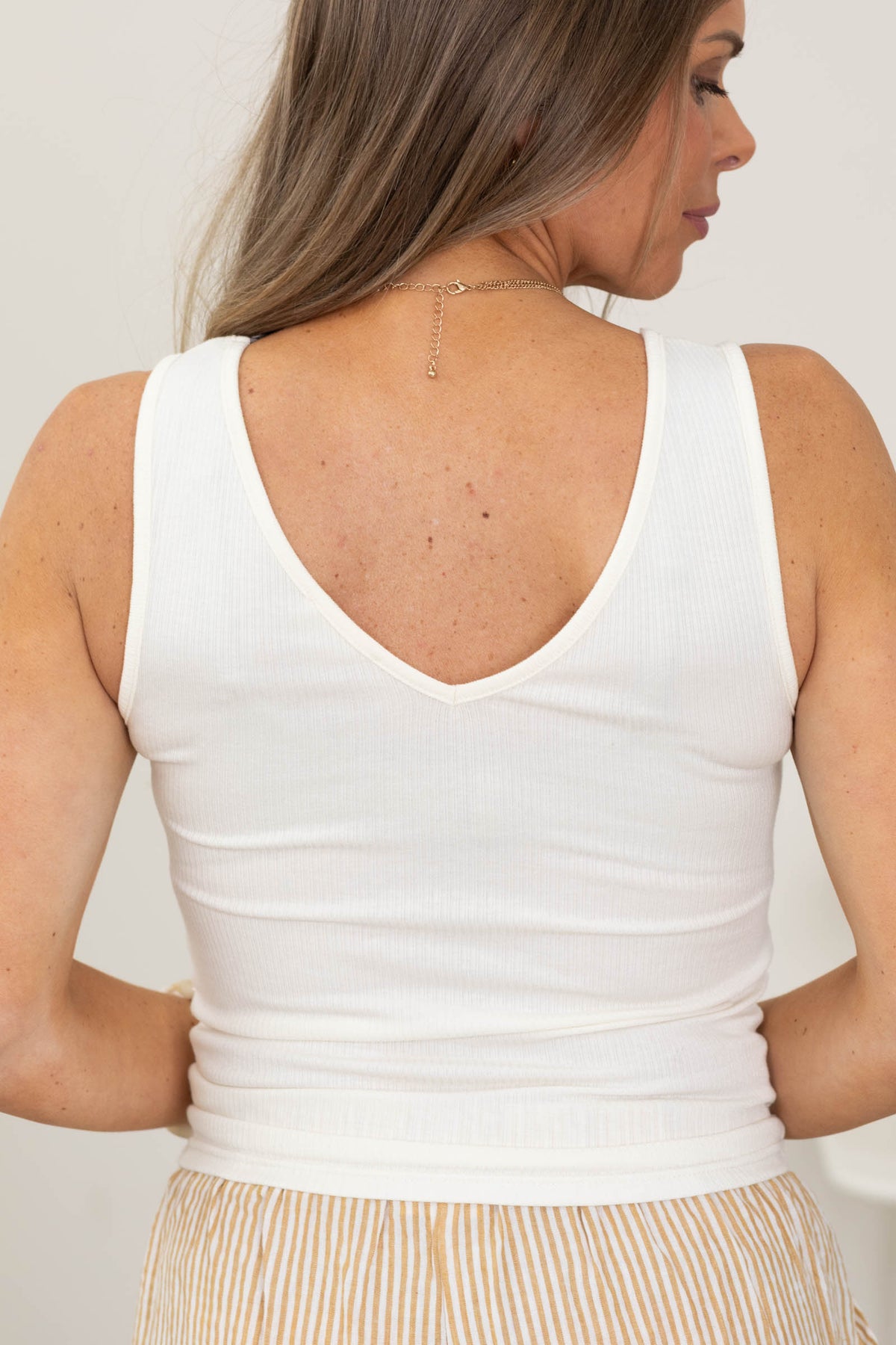 Ivory Lace Trim Ribbed Knit V Neck Tank Top