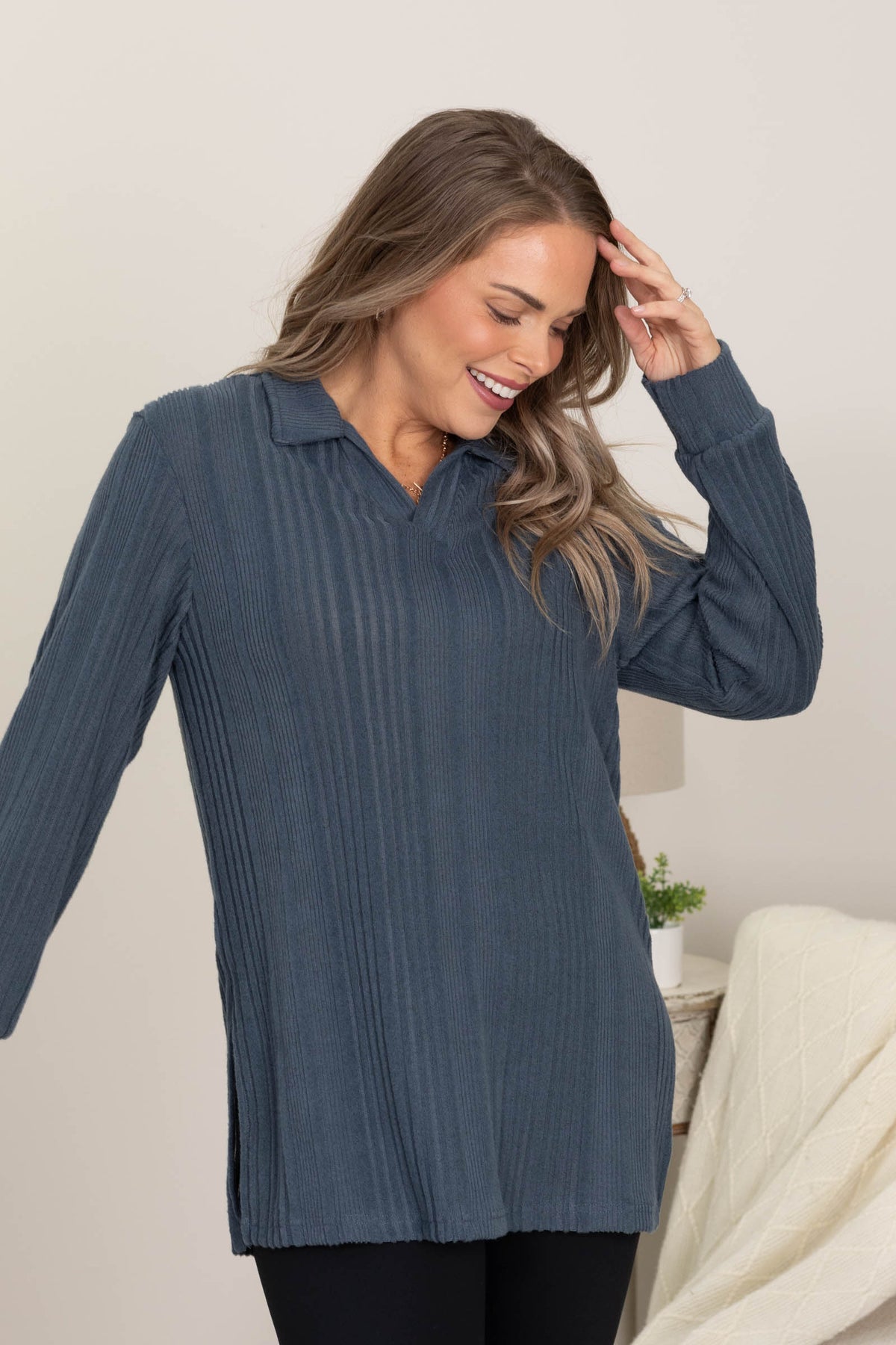 Denim Blue Wide Ribbed Hacci Tunic