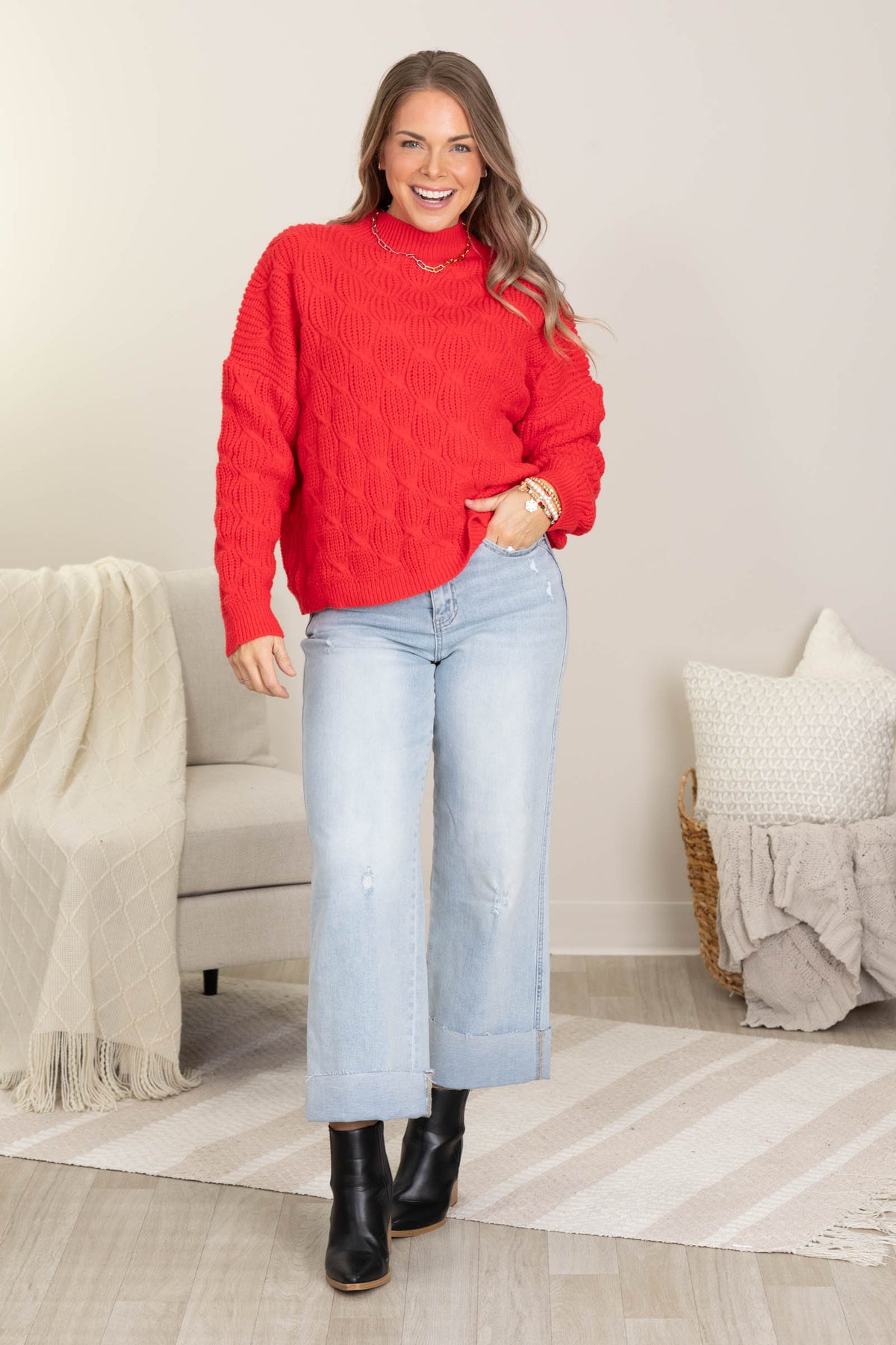 Red Braid Cable Mock Neck Sweater