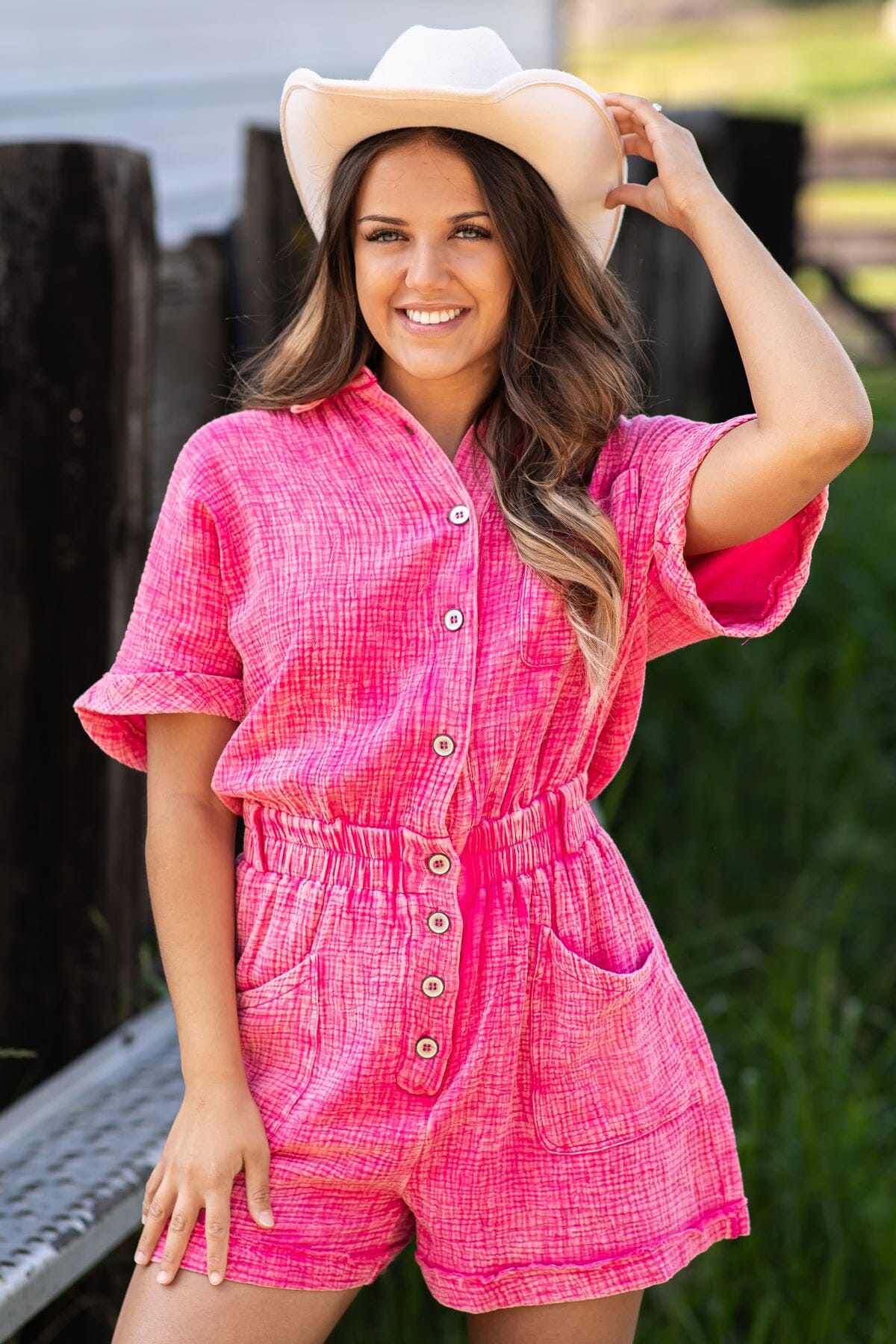 Hot Pink Washed Elastic Waist Romper - Filly Flair