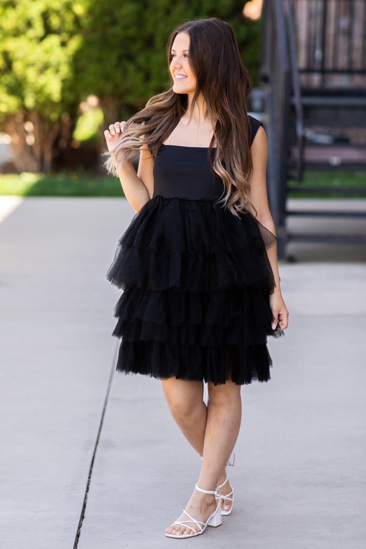 Black Square Neck Tulle Skirt Dress - Filly Flair
