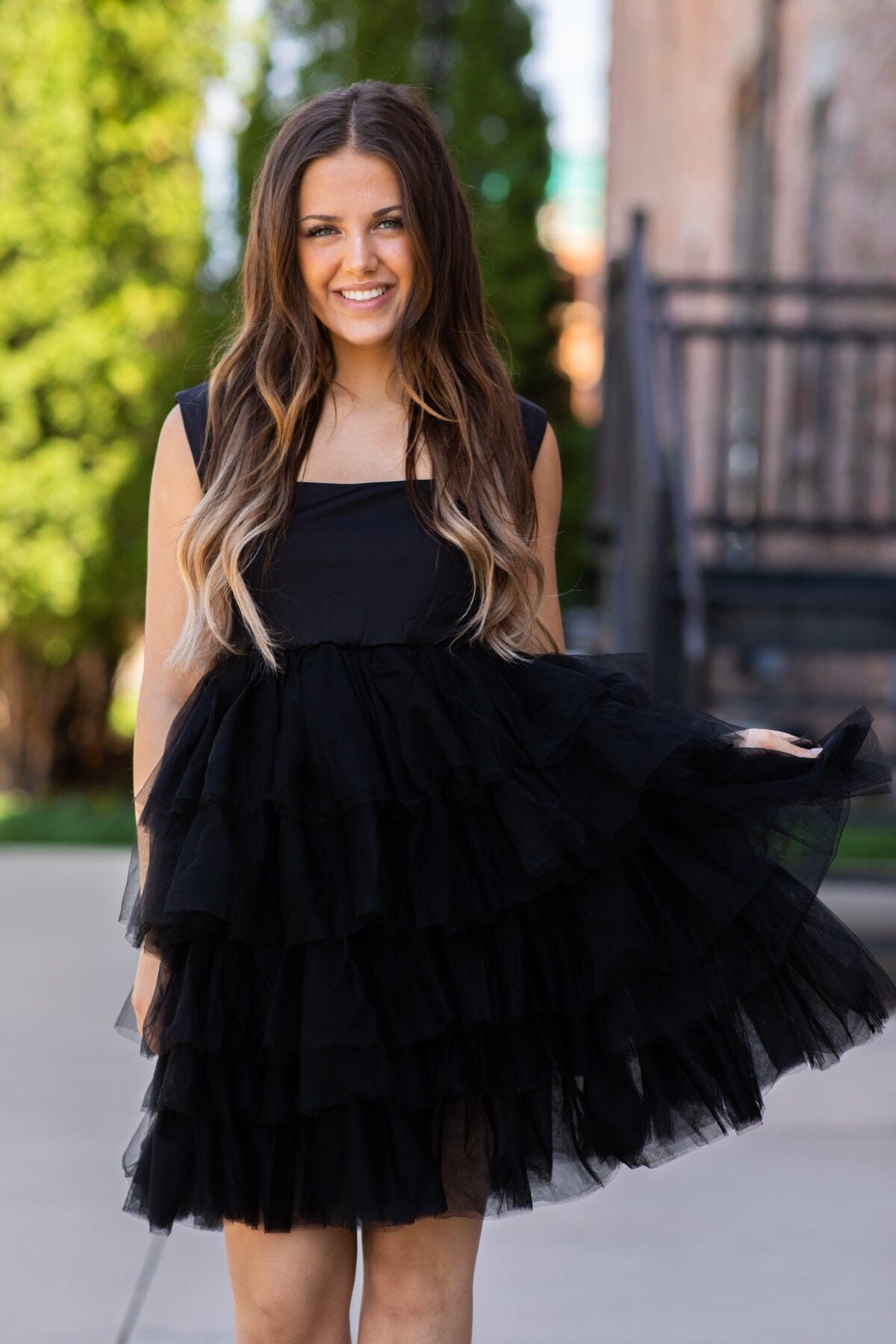 Black Square Neck Tulle Skirt Dress - Filly Flair