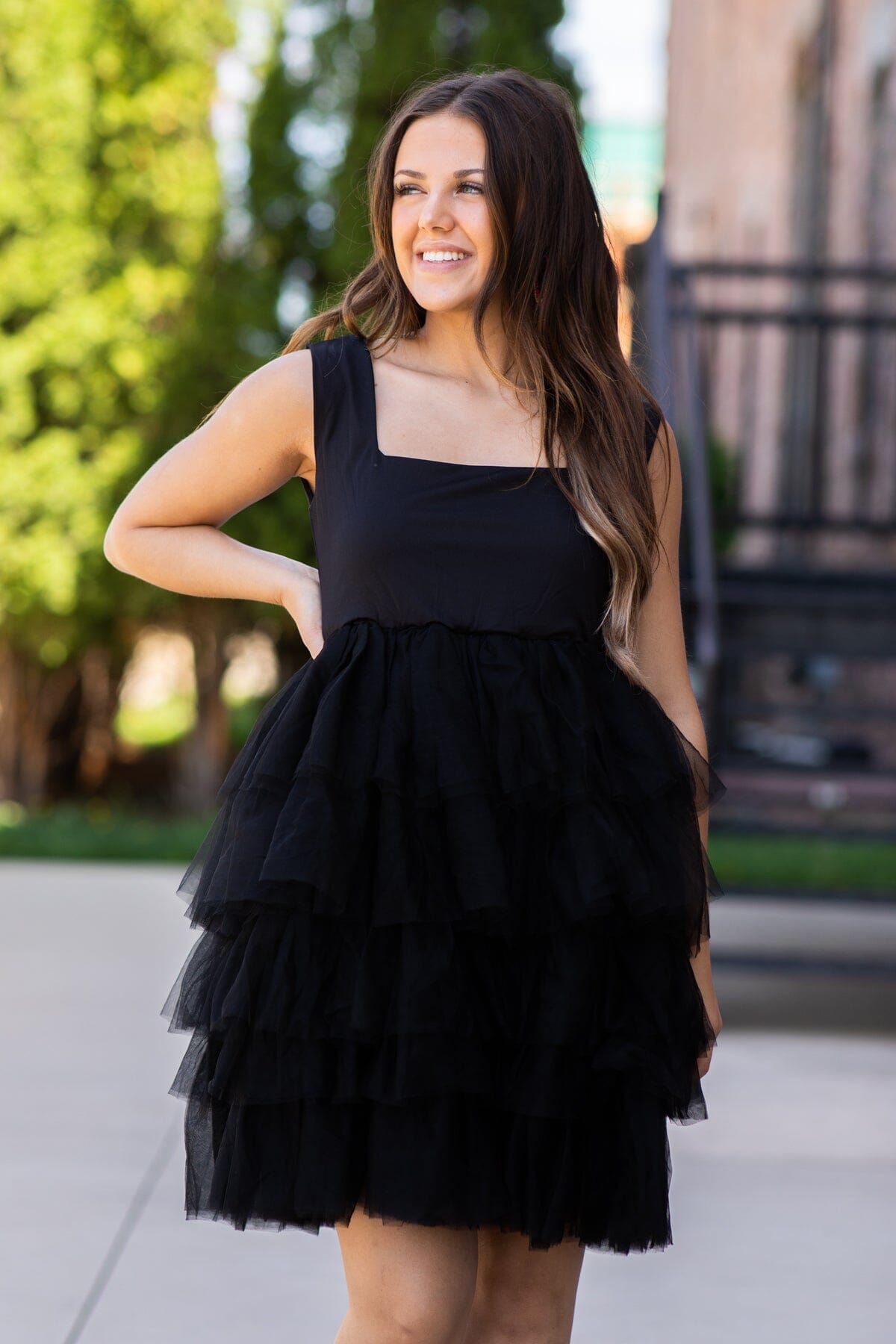 Black Square Neck Tulle Skirt Dress - Filly Flair