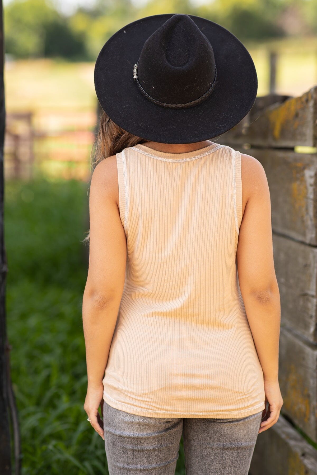 Tan Contrast Stitch Detail Tank - Filly Flair