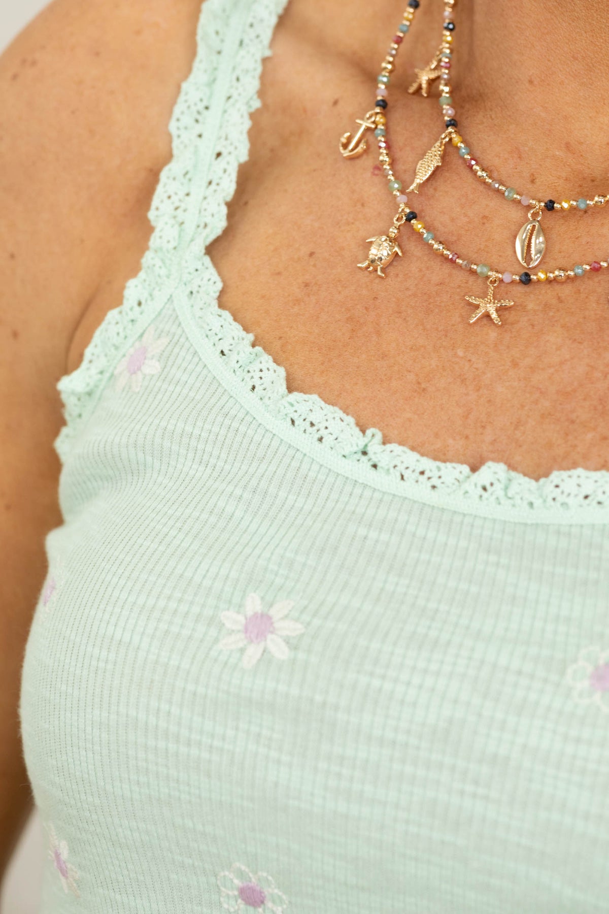 Mint Floral Embroidery Crochet Trimmed Cami
