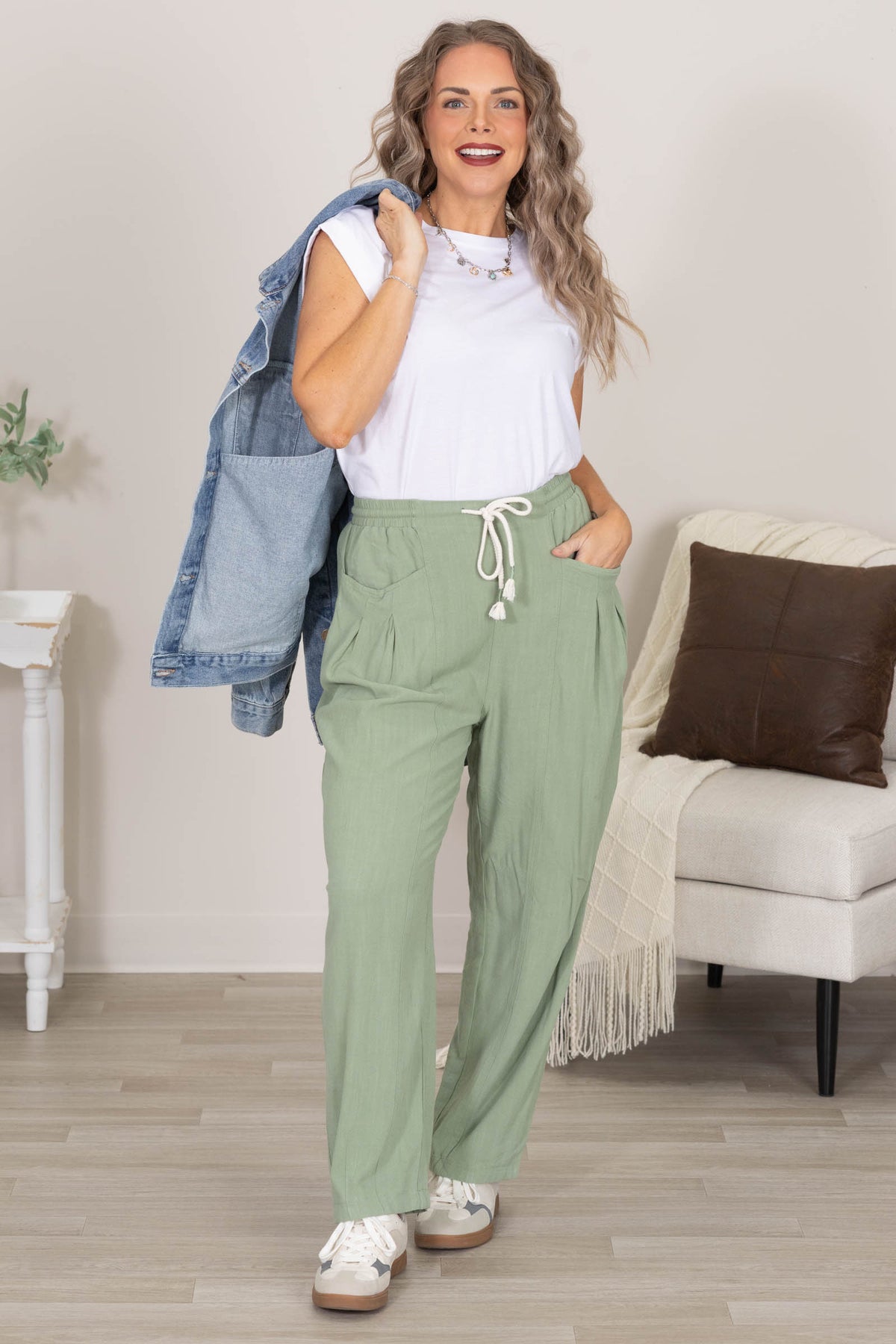 Linen Blend Waist Belted Barrel Leg Loose Pants