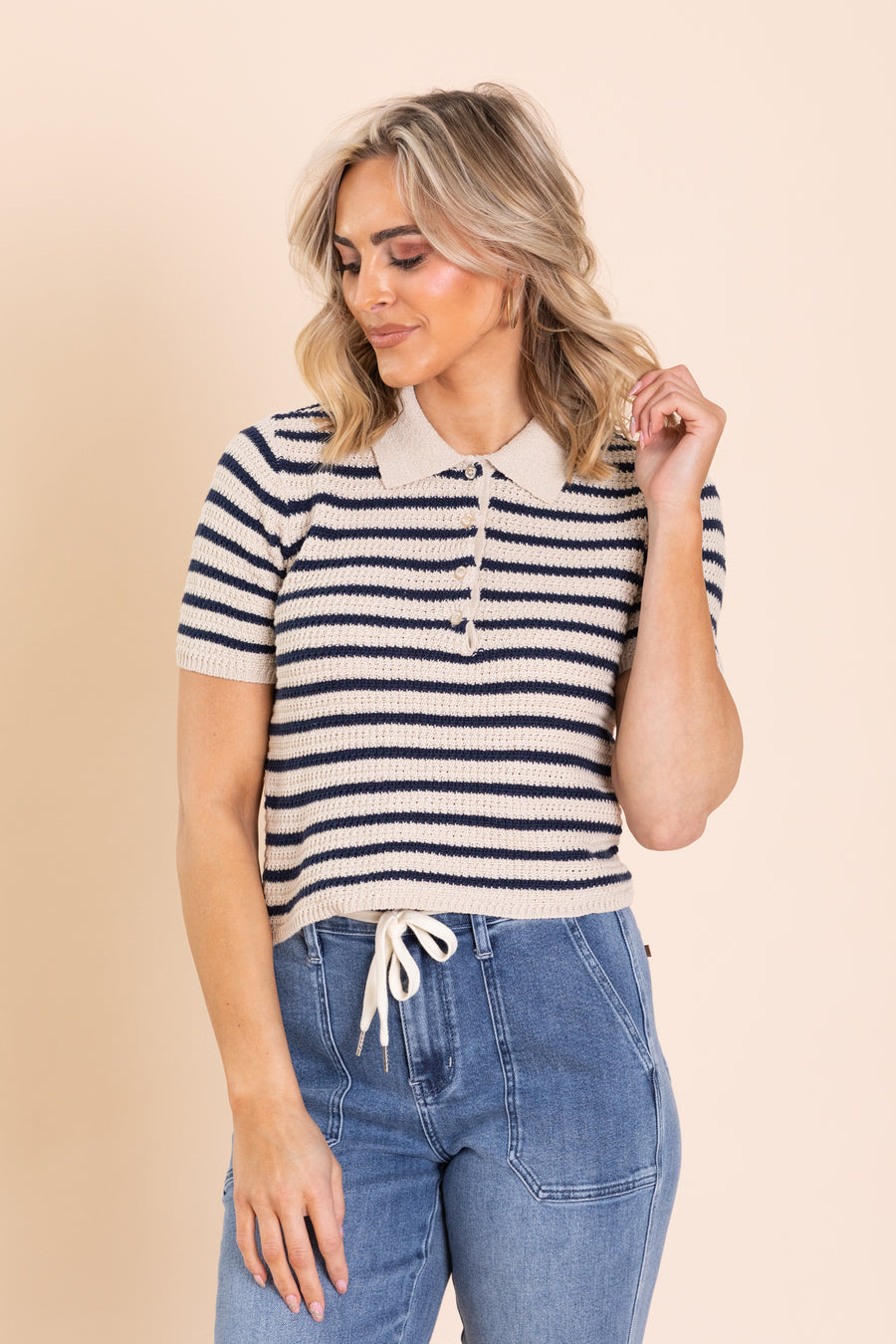Beige And Navy Stripe Collared Sweater Top