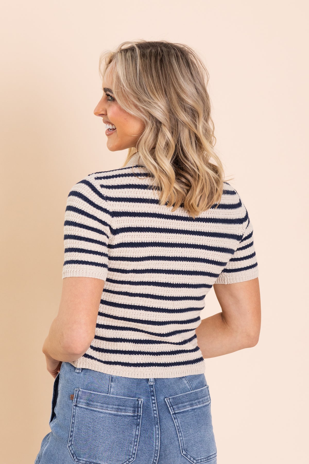Beige And Navy Stripe Collared Sweater Top