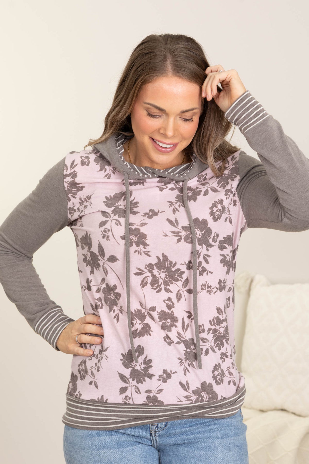 Dark Mocha Floral With Stripe Hoodie Knit Top