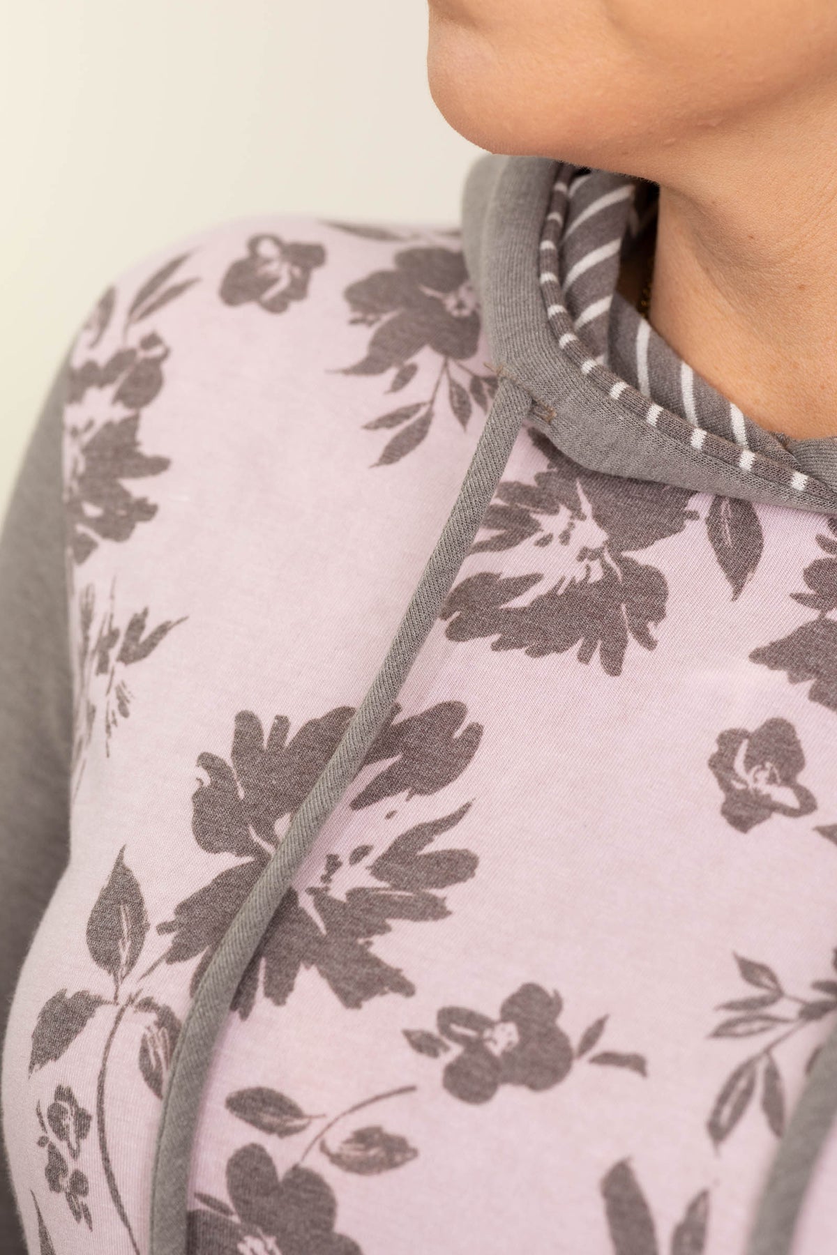 Dark Mocha Floral With Stripe Hoodie Knit Top