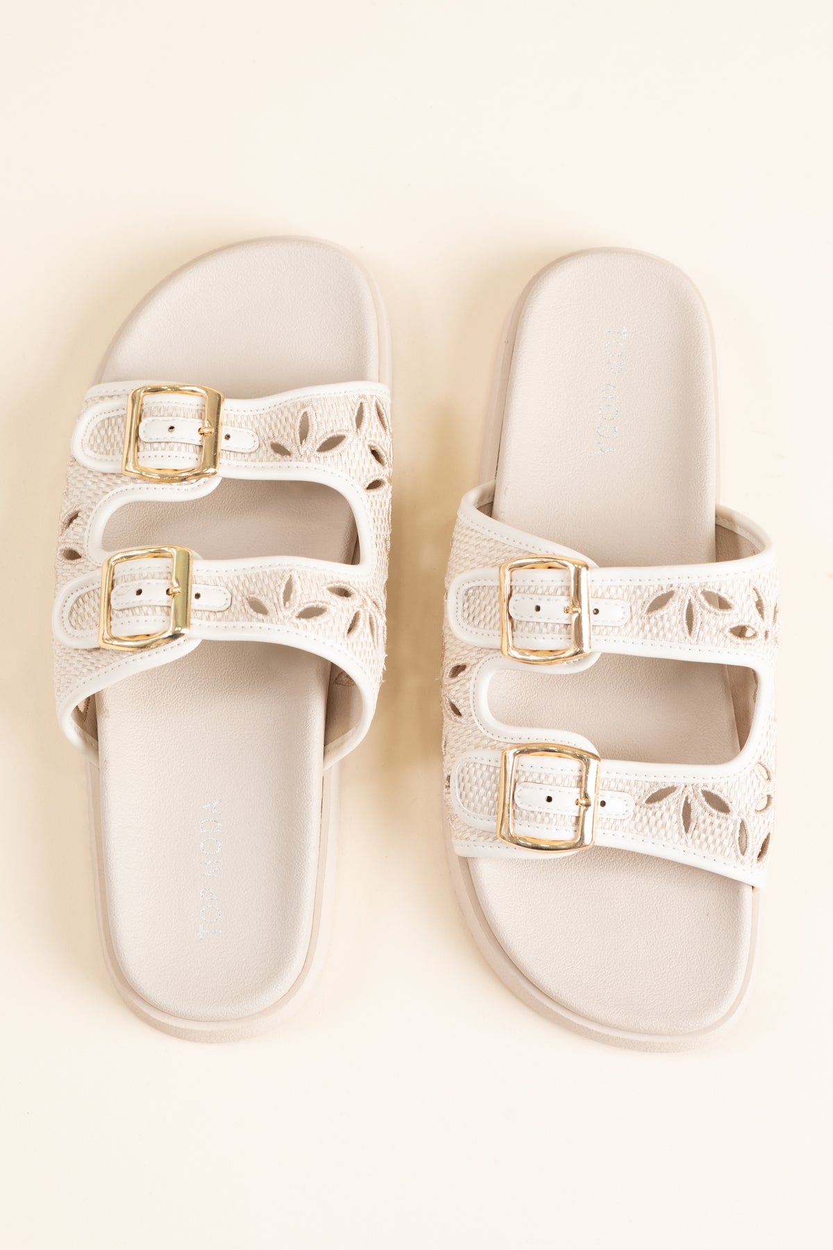 Beige Floral Cutout Double Buckle Sandal