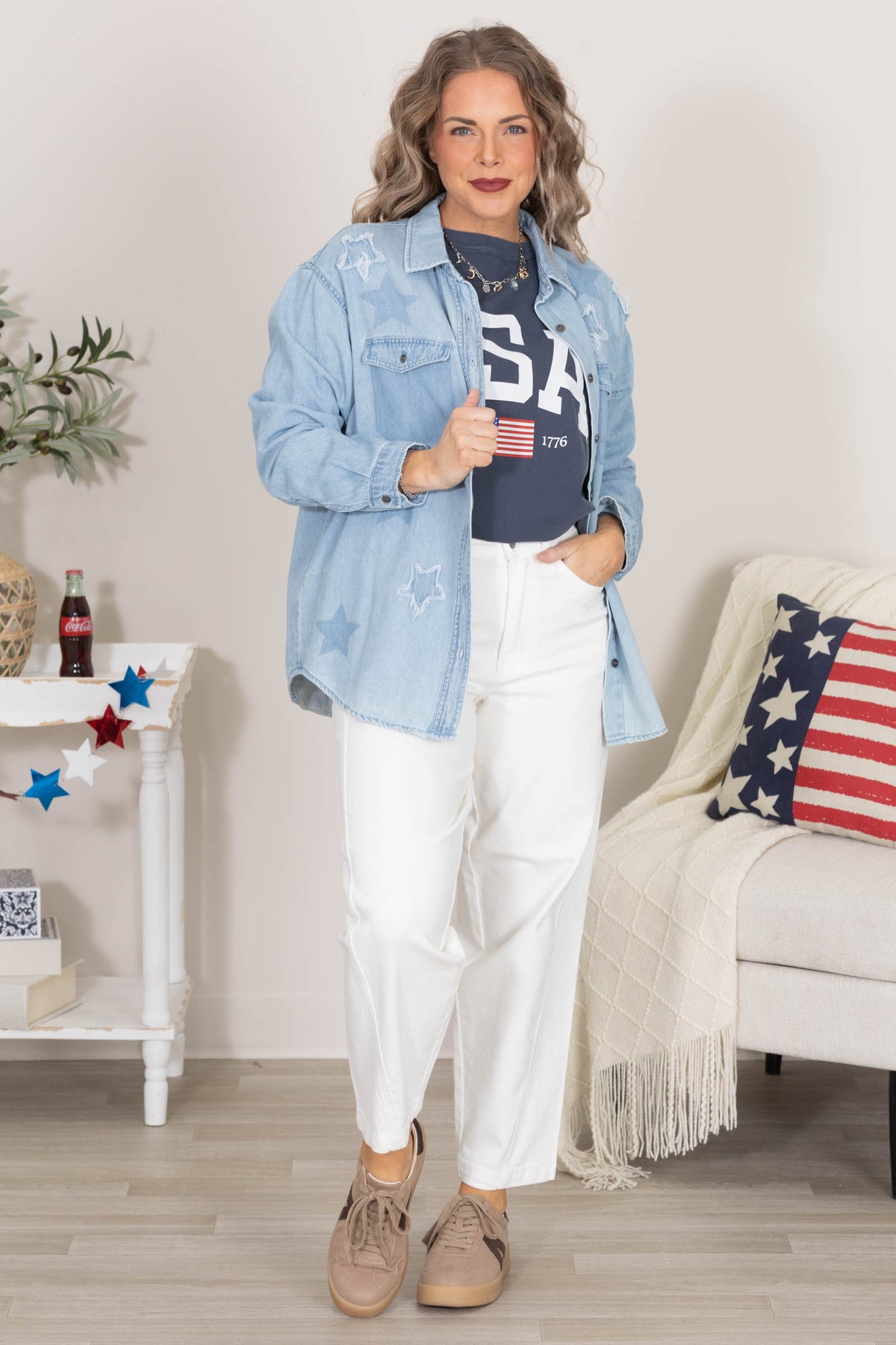 Risen Light Wash Star Patched Denim Shirt