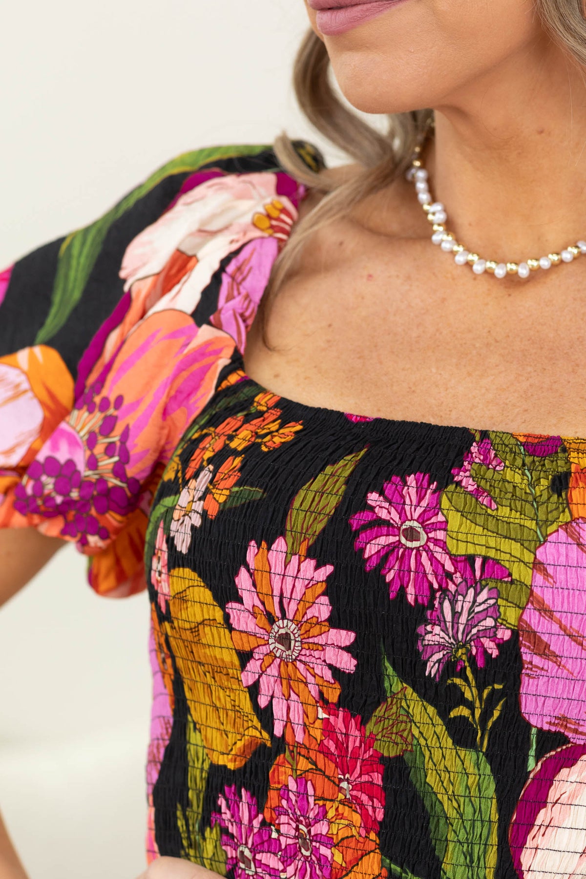 Staccato Black Smocked Bodice Floral Midi Dress