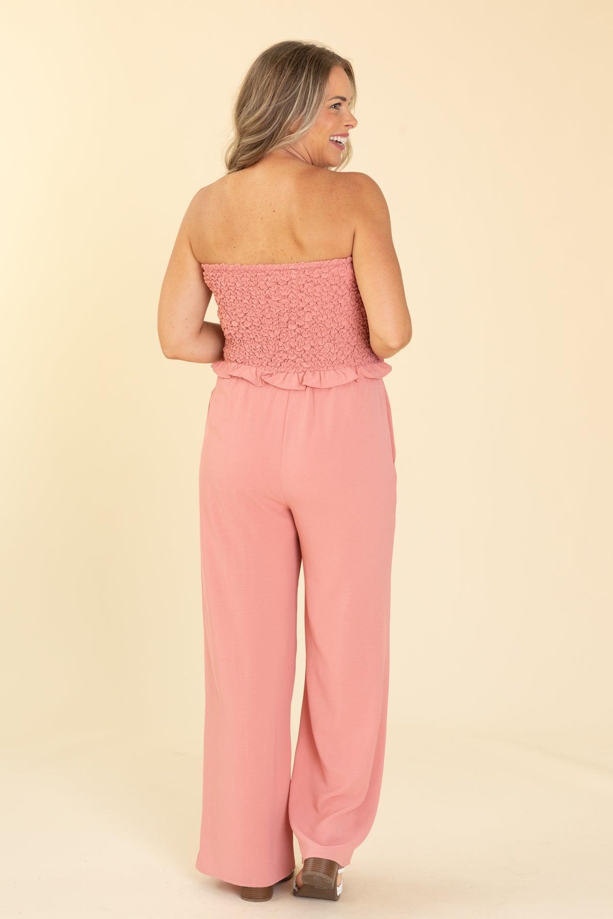 Dusty Rose Smocked Bodice Strapless Jumpsuit