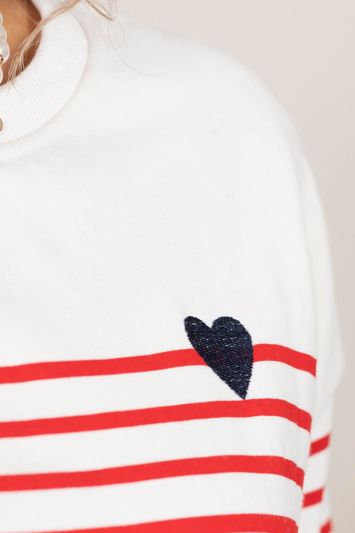 Stripe With Heart Embroidered Knit Sweater Top