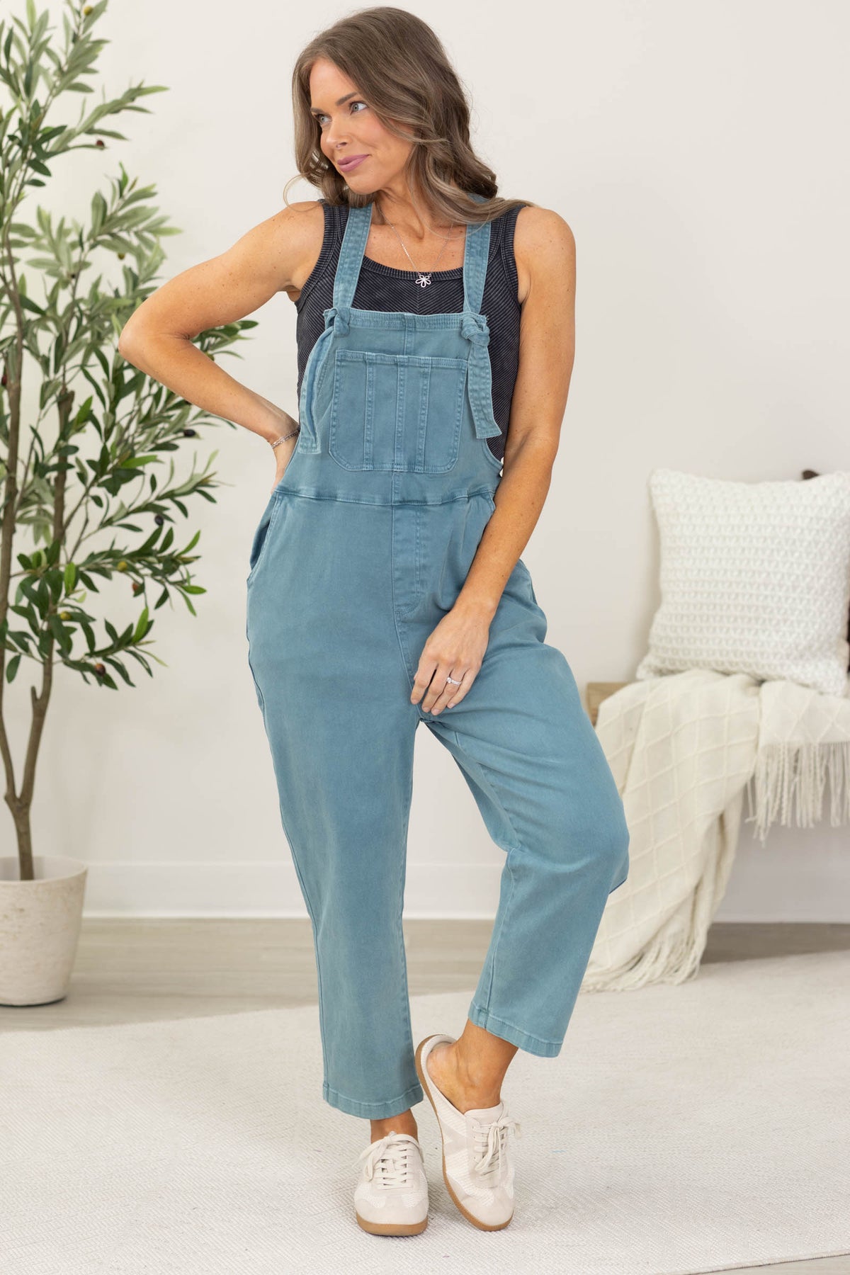 Washed Knot Strap Relaxed Overalls