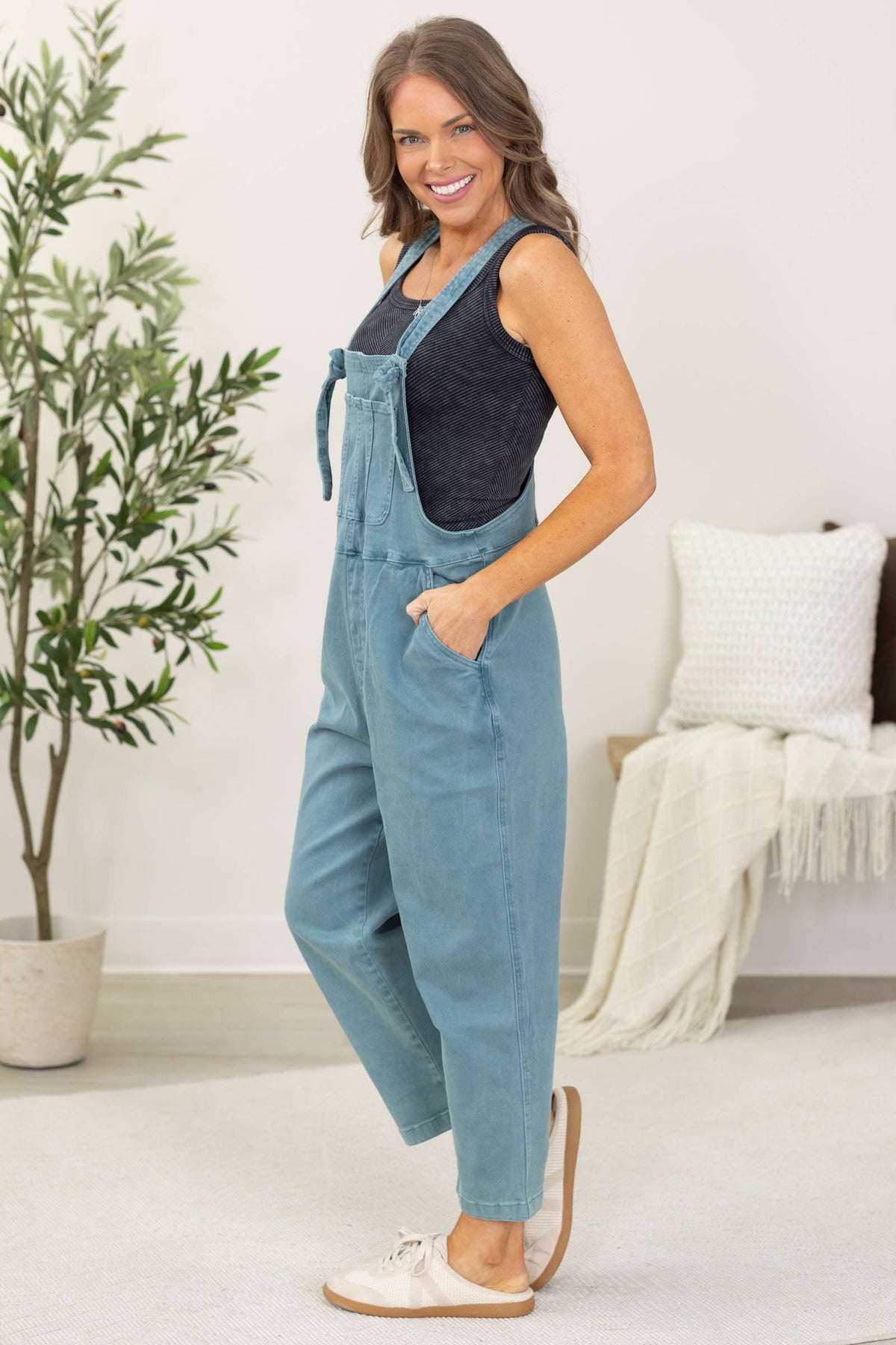 Washed Knot Strap Relaxed Overalls