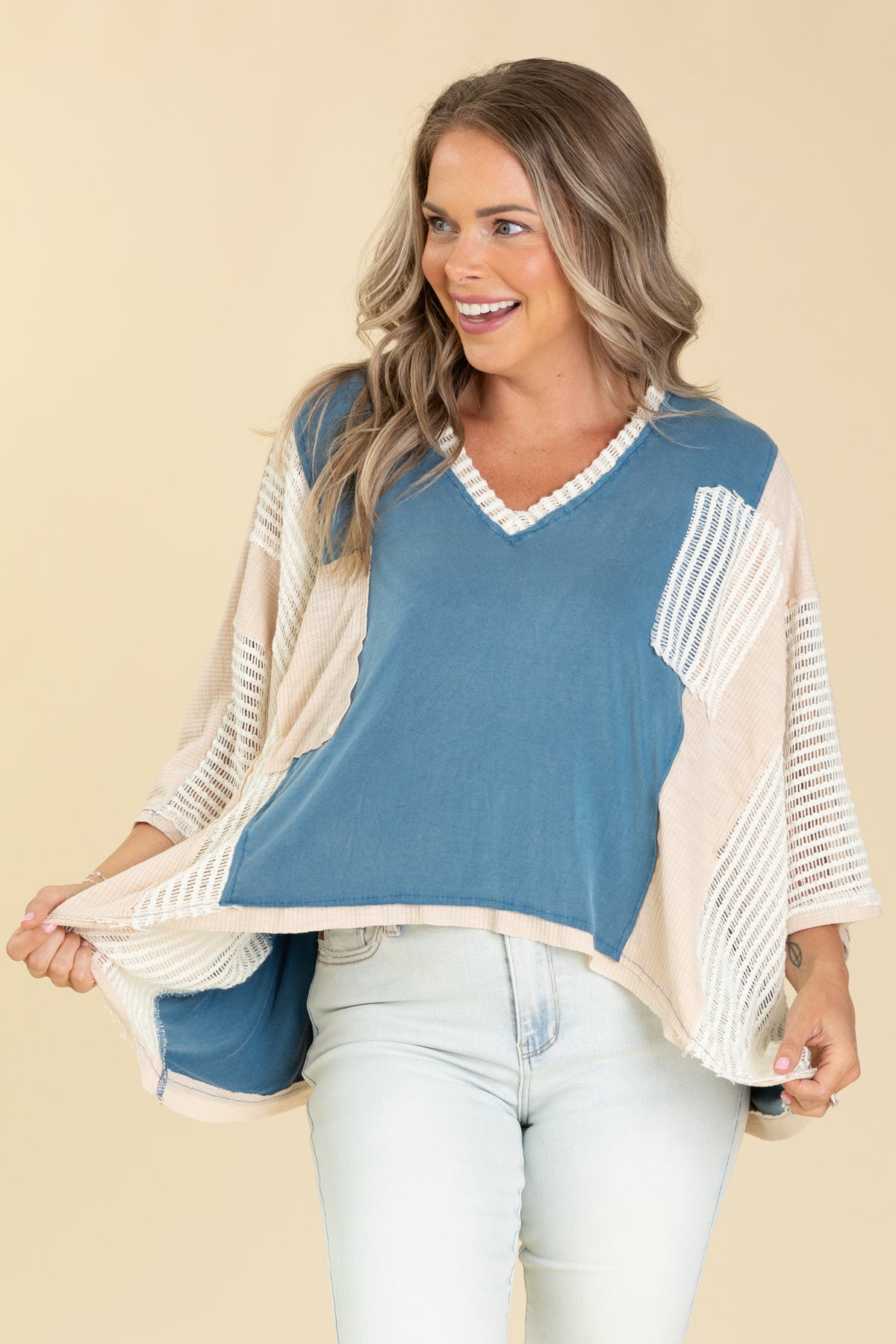 Oversized V-Neck Colorblock Waffle Knit Top