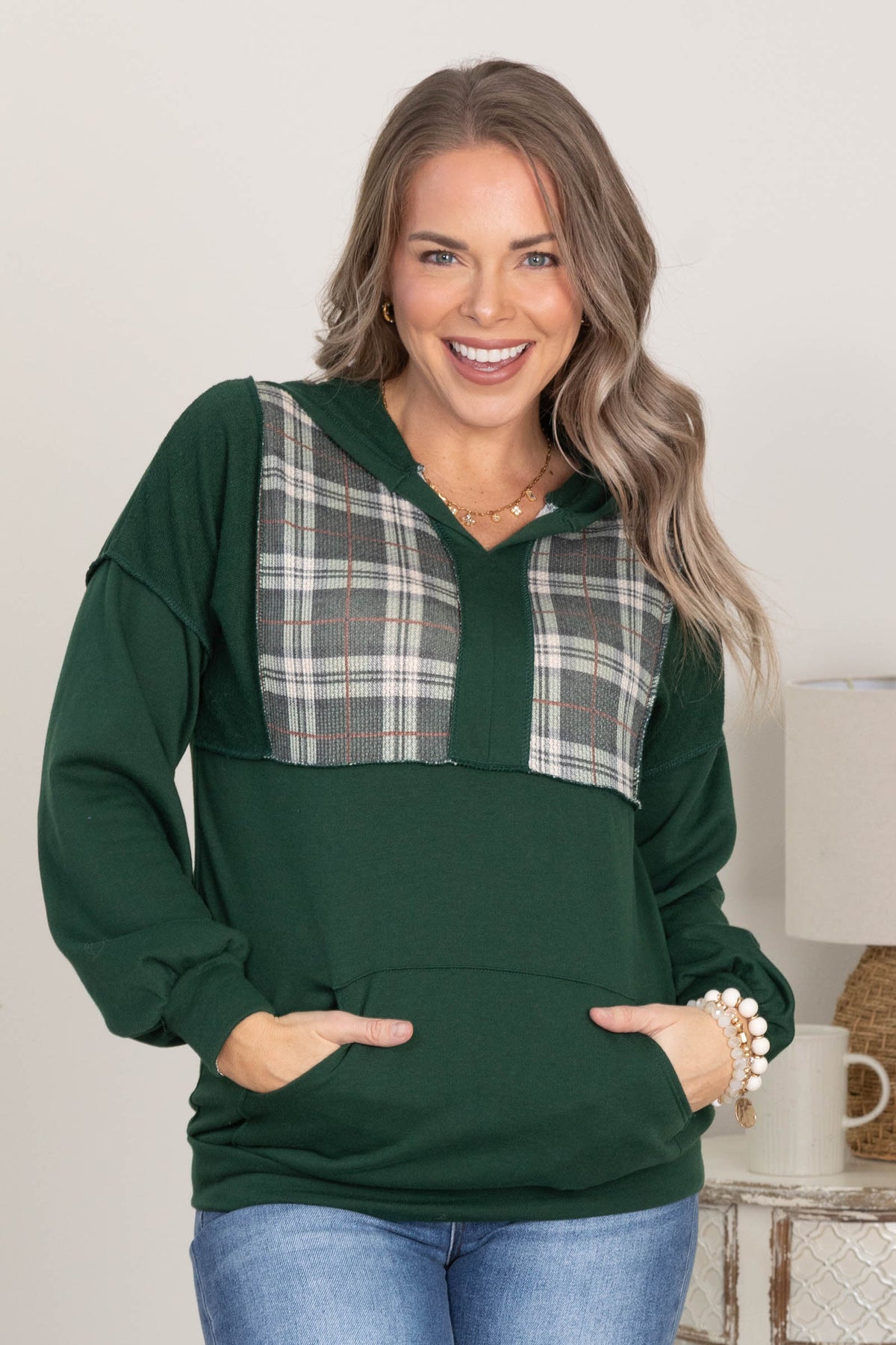 Hunter Green Hoodie With Plaid Contrast Detail