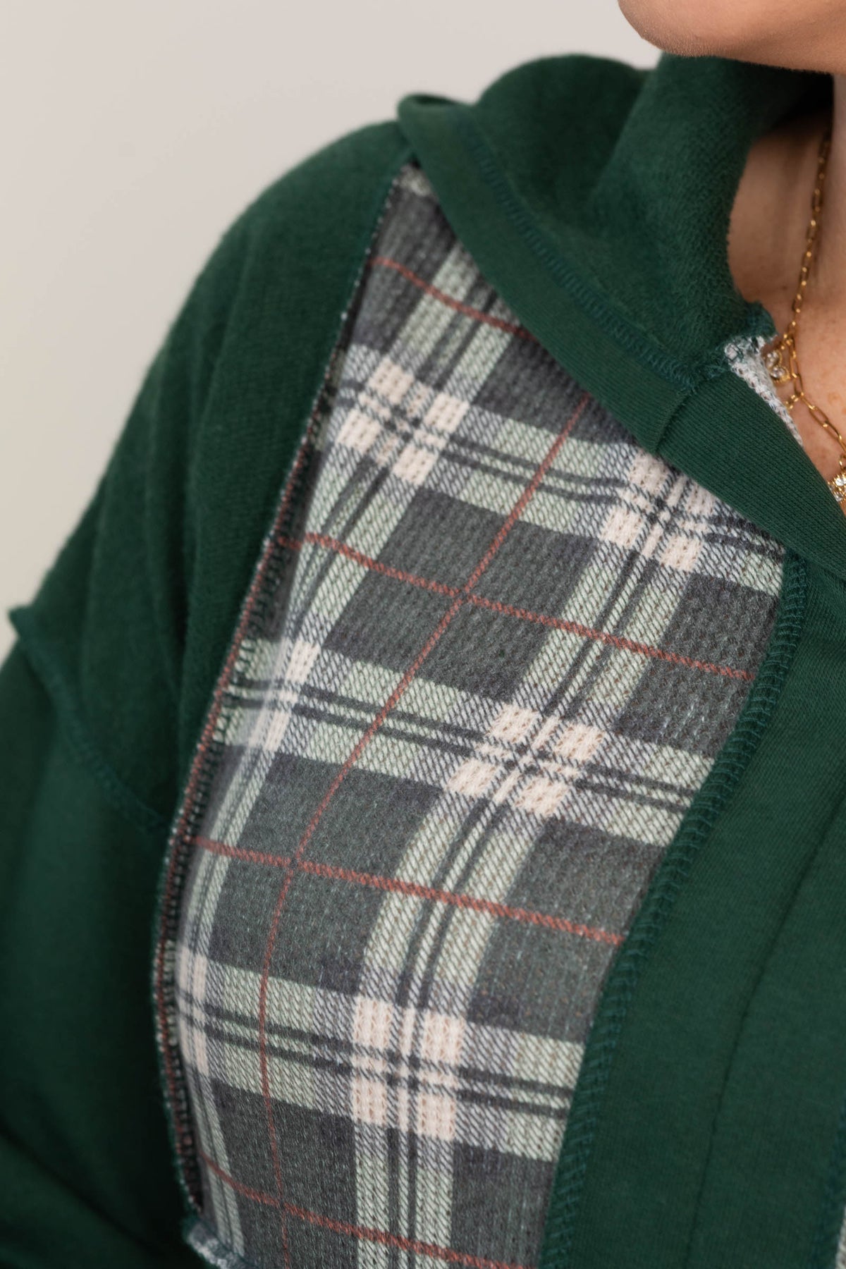 Hunter Green Hoodie With Plaid Contrast Detail