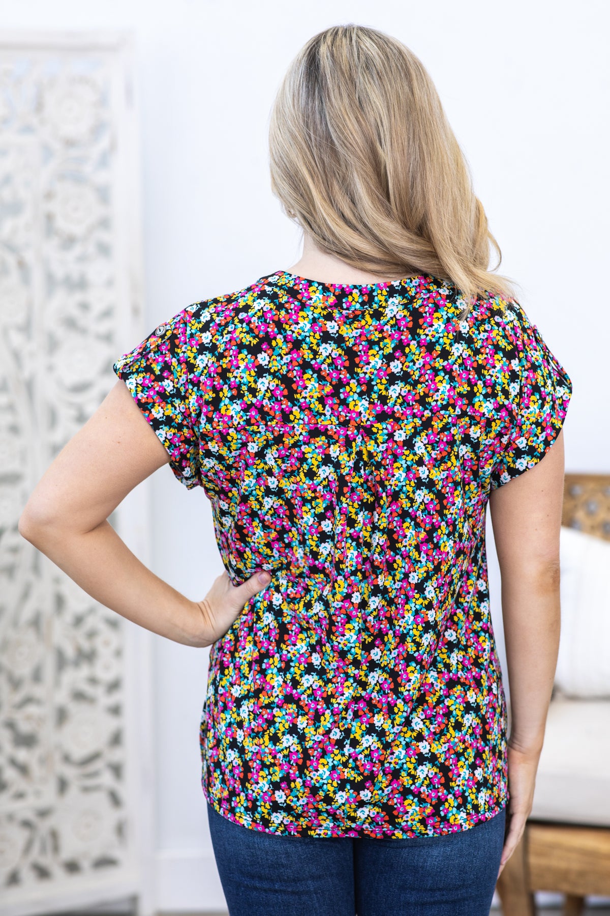 Black Ditsy Floral Wrinkle Free Lizzy Top