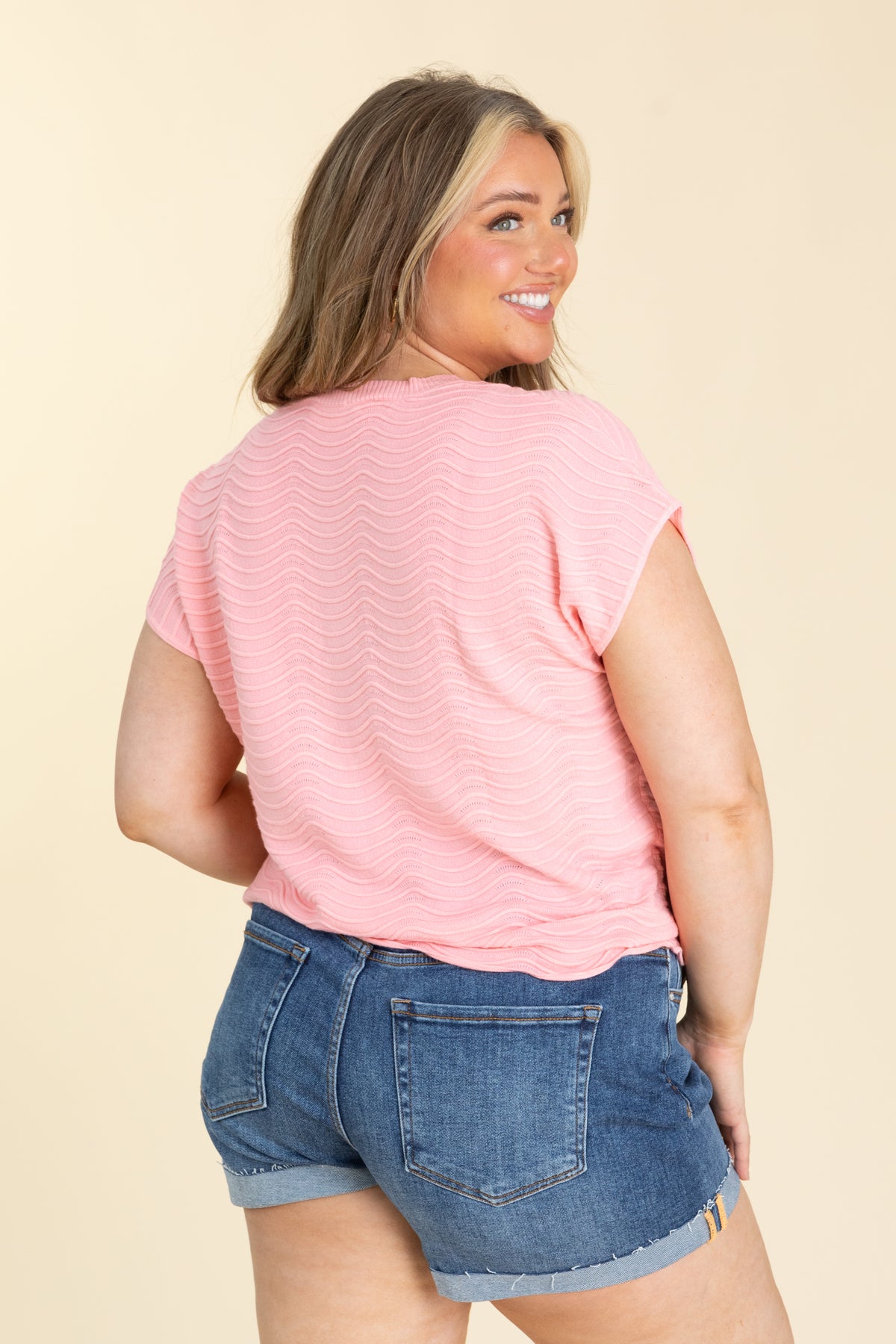 Pink Fine Gauge Scallop Knit Top
