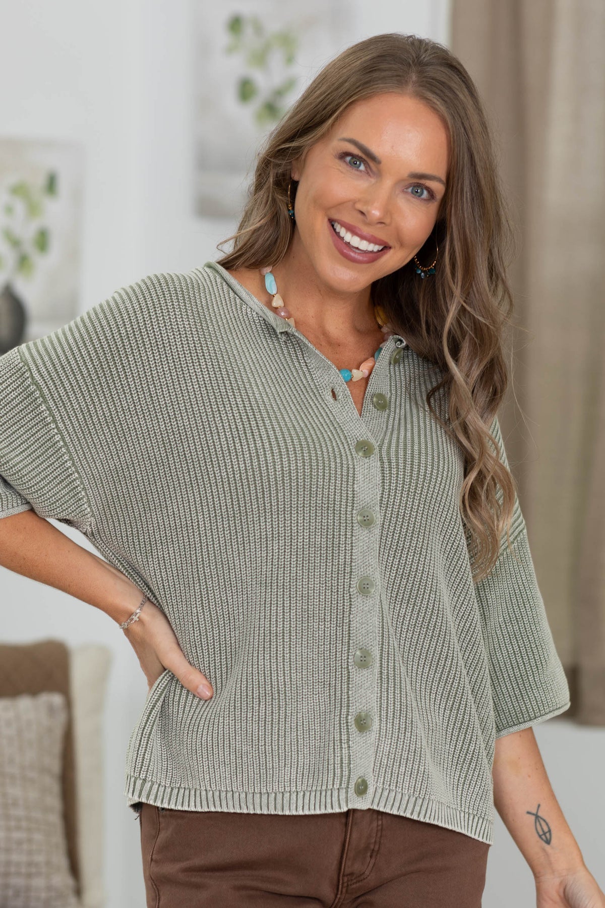 Mineral Washed Short Sleeve Button Cardigan